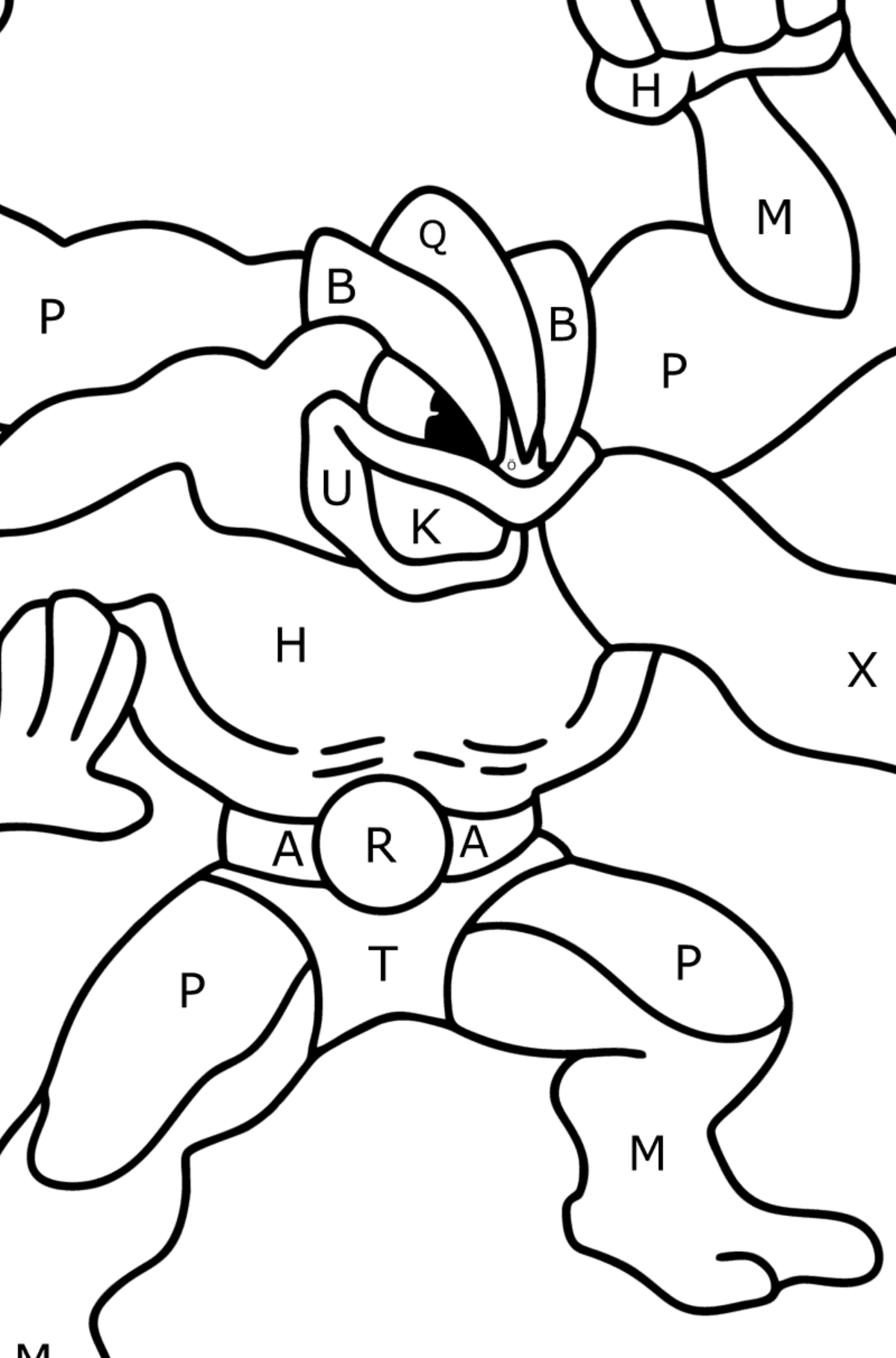 Ausmalbild Pokemon Go Machamp - Ausmalen nach Buchstaben für Kinder