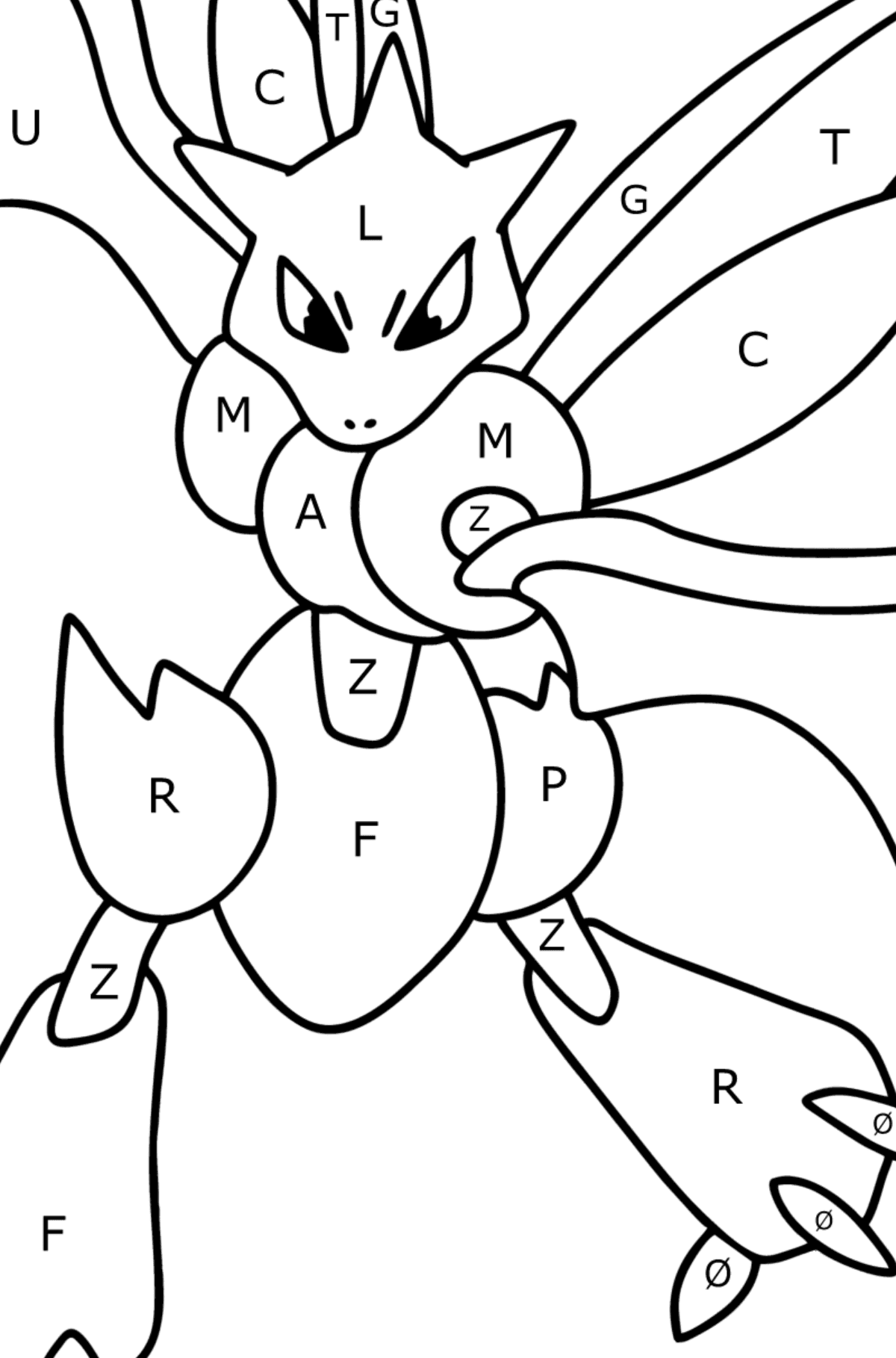 Tegning til fargelegging Pokémon Go Scyther - Fargelegge etter bokstaver for barn