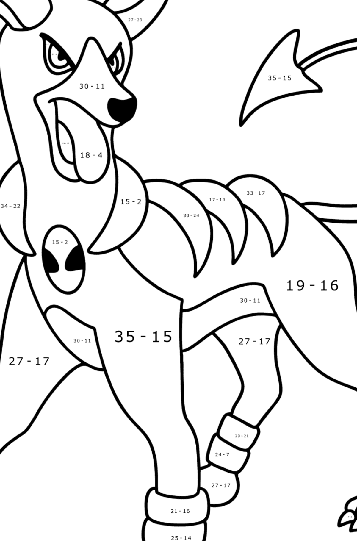 Värityskuva Pokémon XY Houndoom - Matemaattinen Väritys - Vähennys lapsille