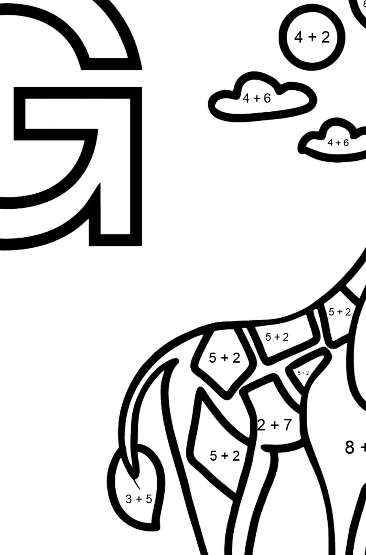 Portuguese Letter G coloring pages - GIRAFA - Math Coloring - Addition for Kids
