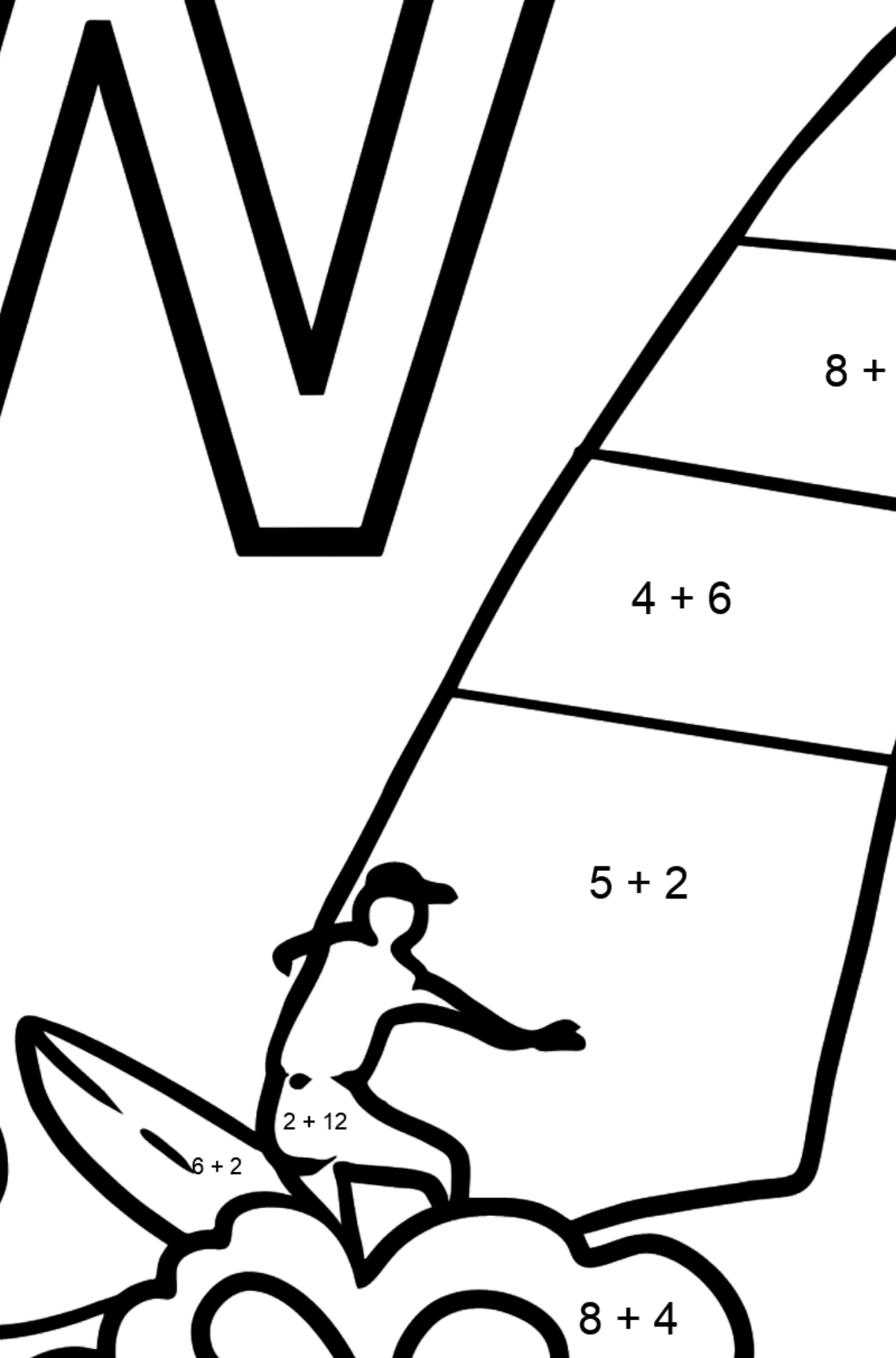 Portuguese Letter W coloring pages - WINDSURF - Math Coloring - Addition for Kids