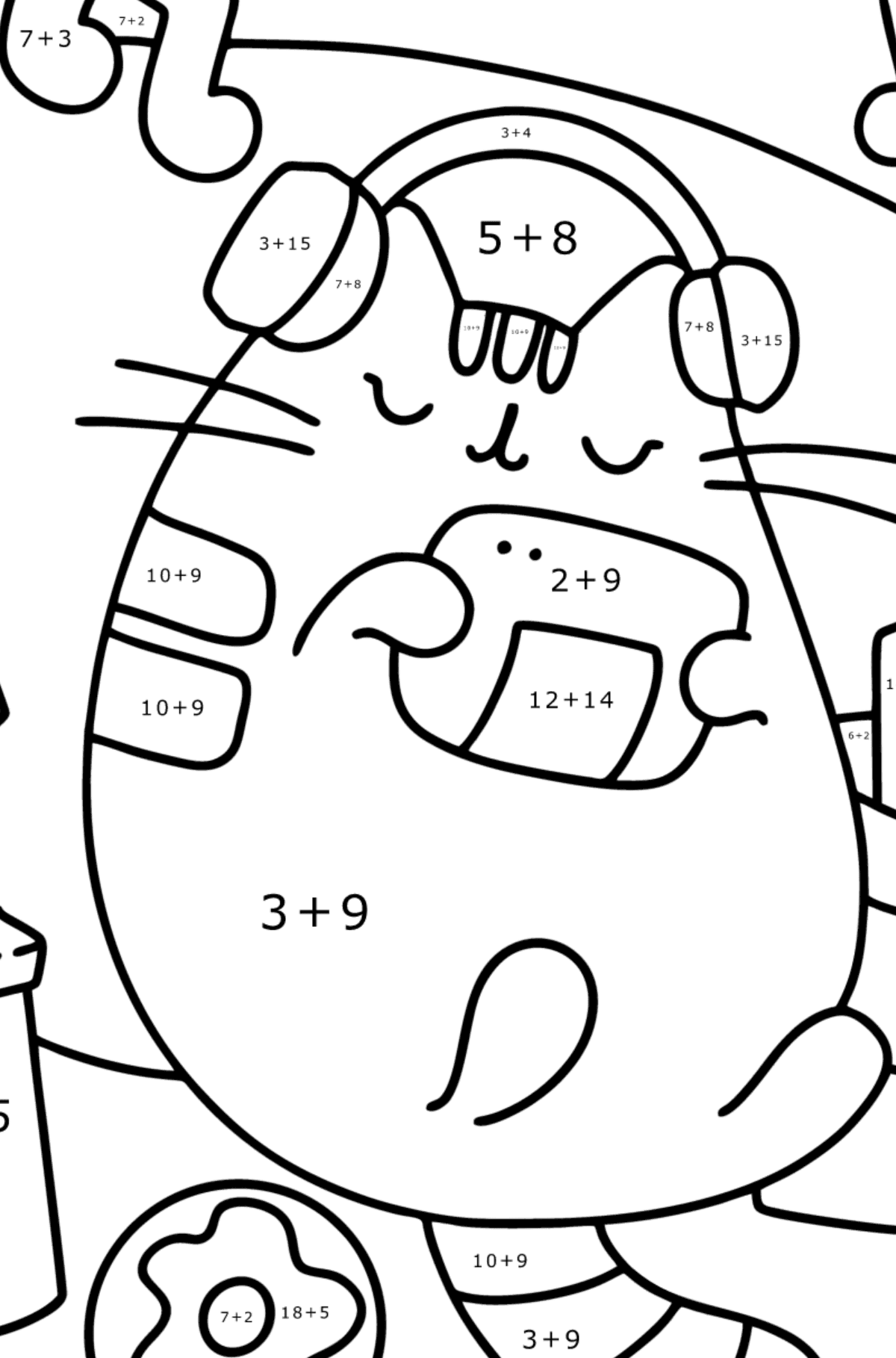 Happy pusheen сoloring page - Math Coloring - Addition for Kids