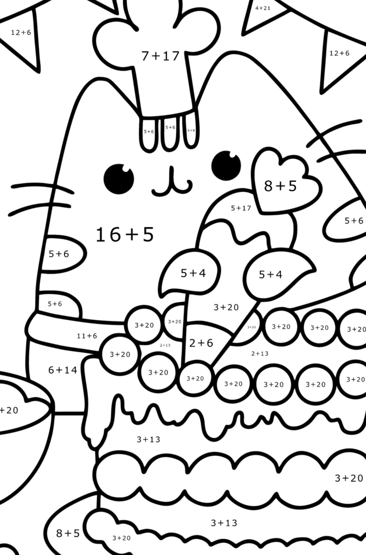 Pusheen birthday сolouring page - Math Coloring - Addition for Kids
