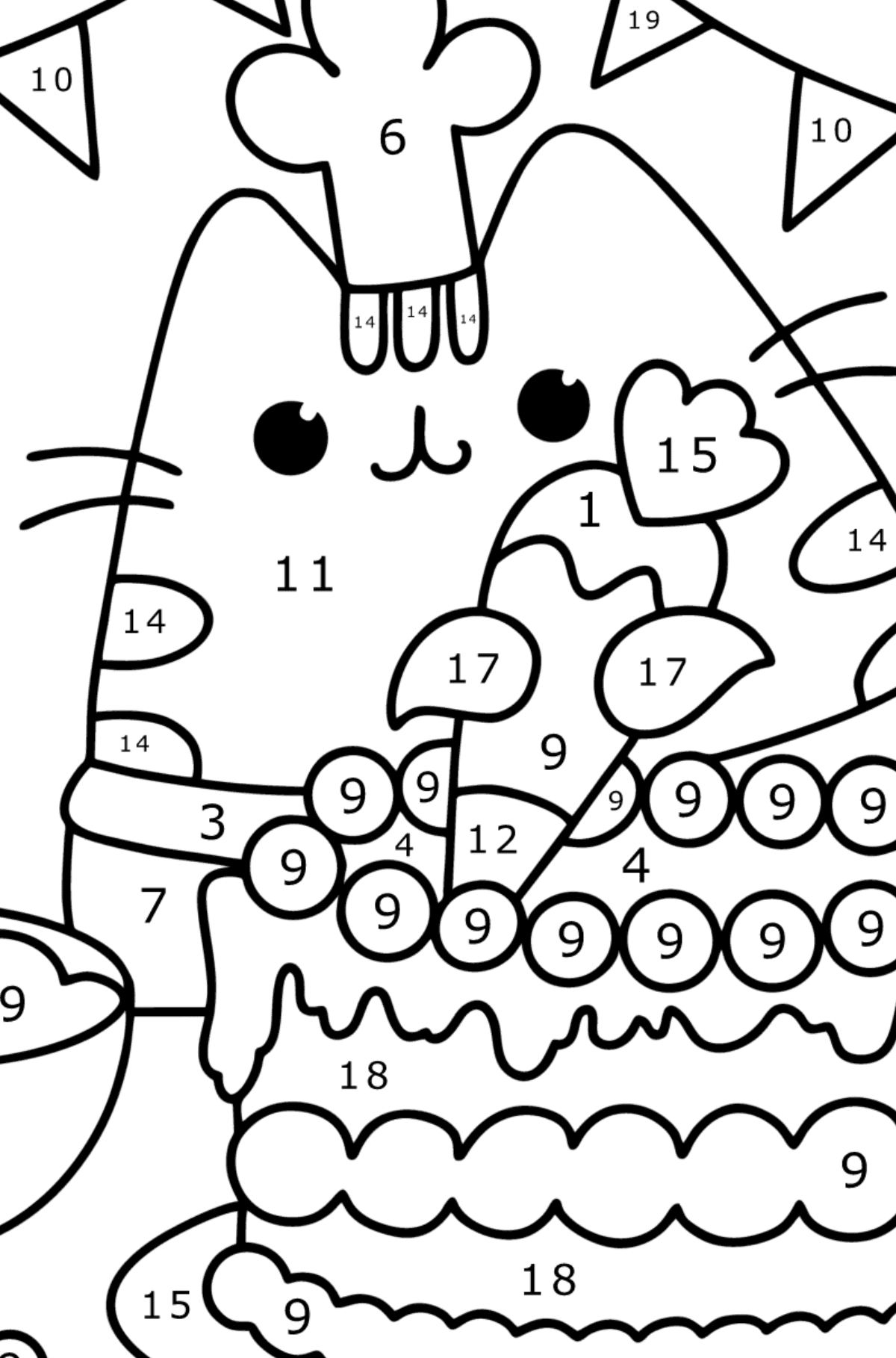 Pusheen birthday сolouring page - Coloring by Numbers for Kids