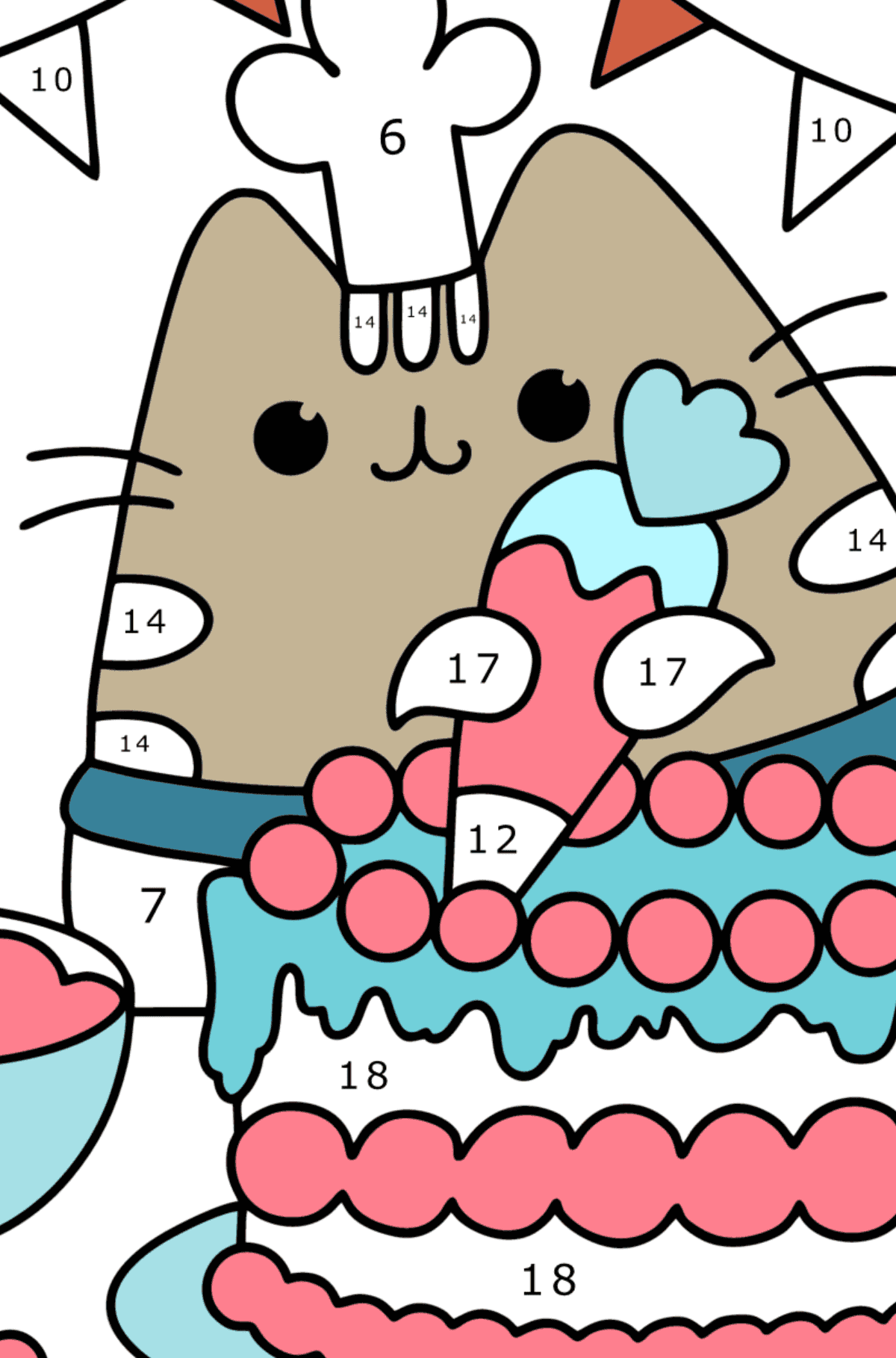 Desen de colorat Ziua de naștere a lui Pusheen - Desen de colorat după Număr pentru copii