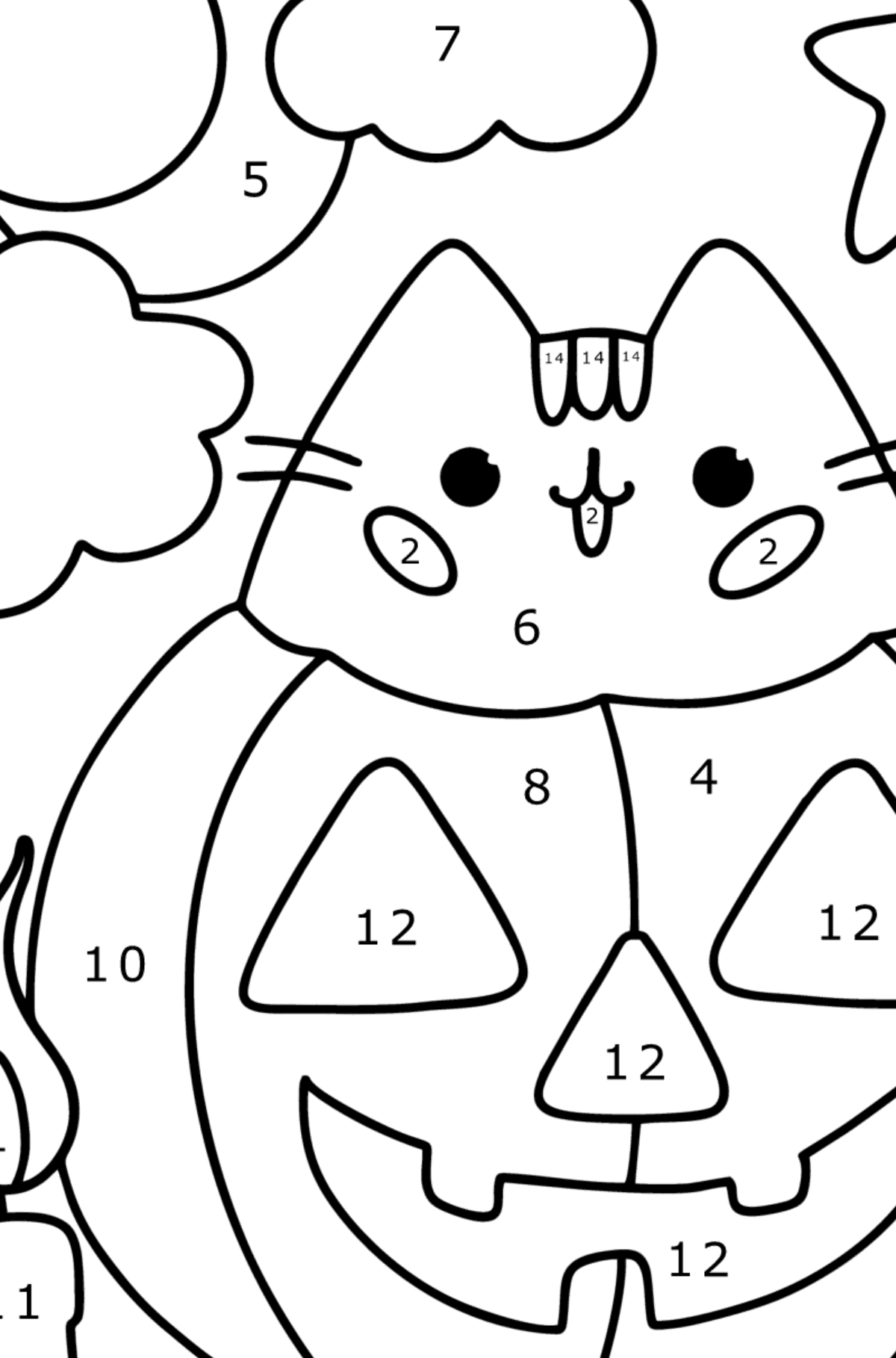 Pusheen and halloween сoloring page - Coloring by Numbers for Kids