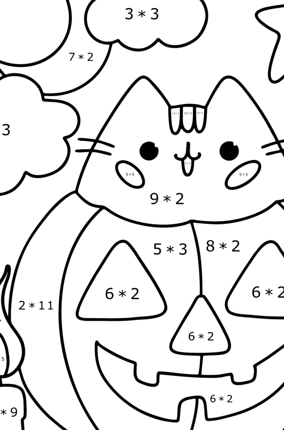 Pusheen and halloween сoloring page - Math Coloring - Multiplication for Kids