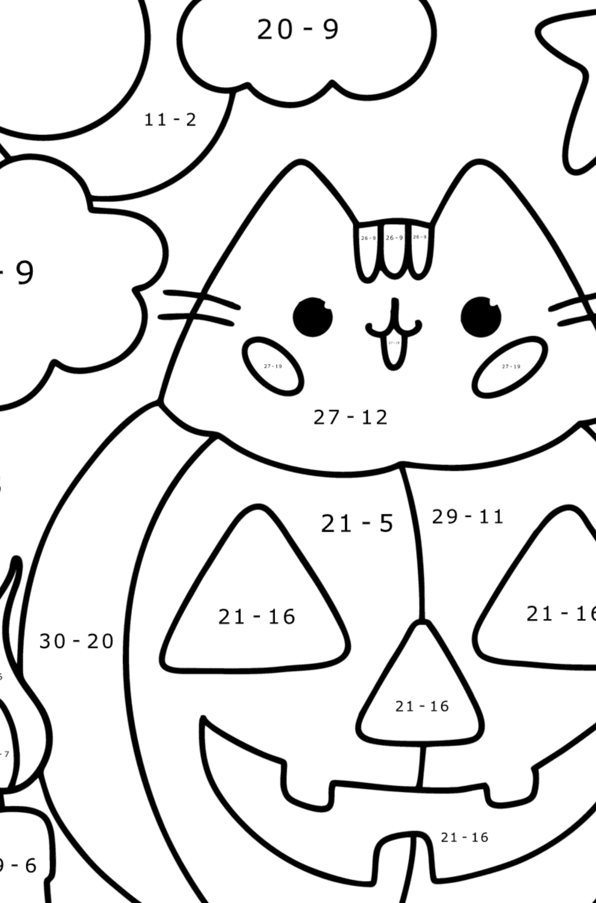 Pusheen and halloween сoloring page - Math Coloring - Subtraction for Kids