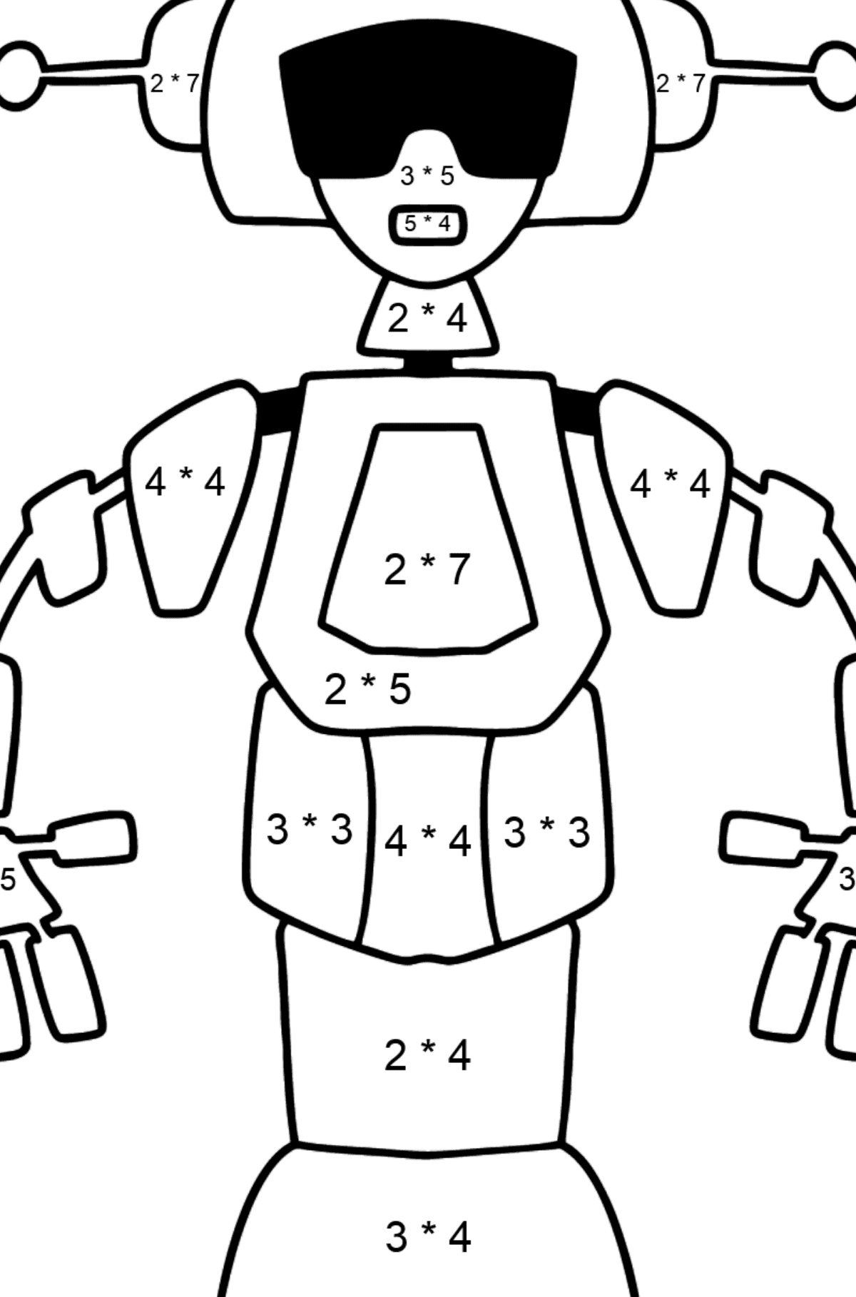 Tegning til farvning robot 3 - Matematisk farvelægning side -- Multiplikation for børn