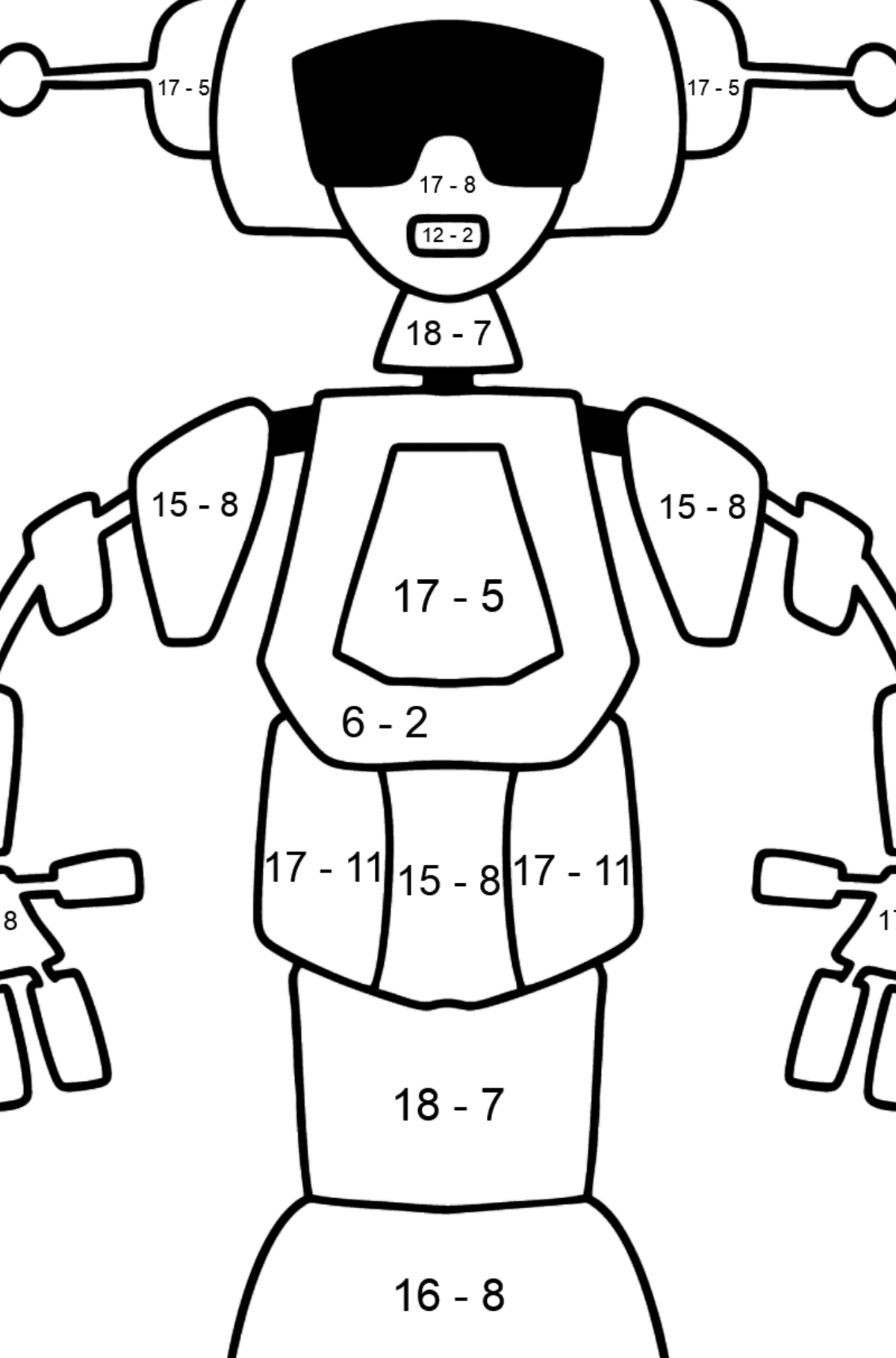 Tegning til farvning robot 3 - Matematisk farvelægning side -- Subtraktion for børn