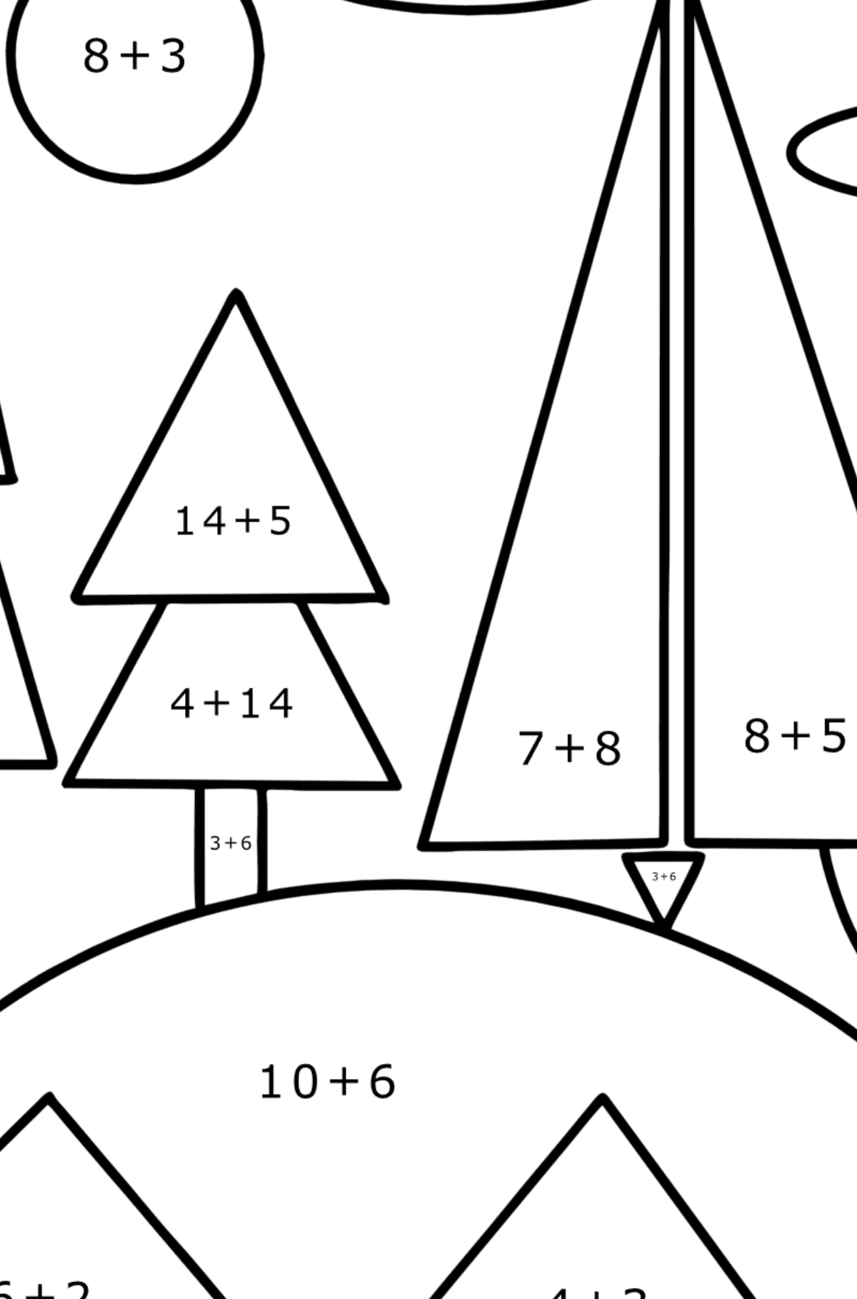 Ausmalbild Wald auf einem Hügel mit geometrischen Formen - Mathe Ausmalbilder - Addition für Kinder