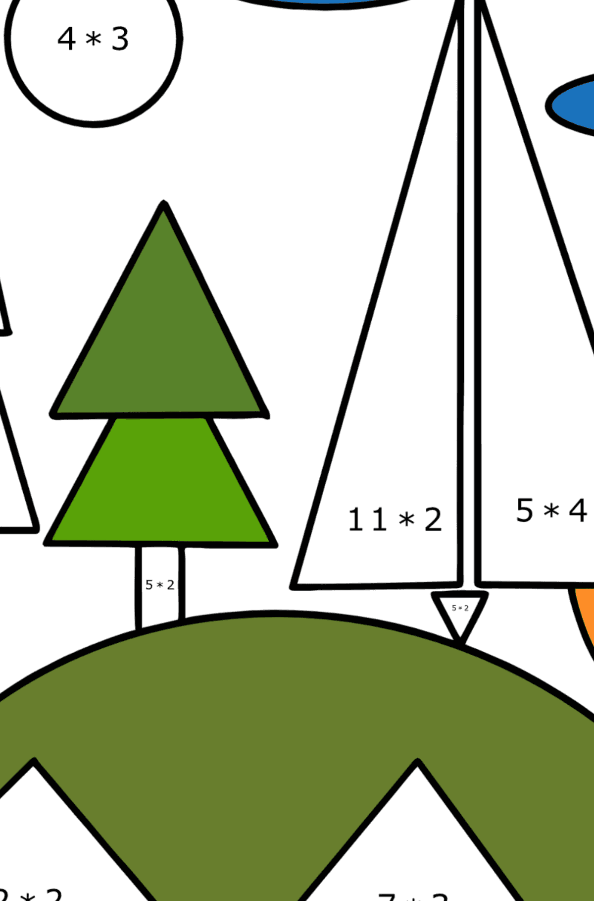 Ausmalbild Wald auf einem Hügel mit geometrischen Formen - Mathe Ausmalbilder - Multiplikation für Kinder