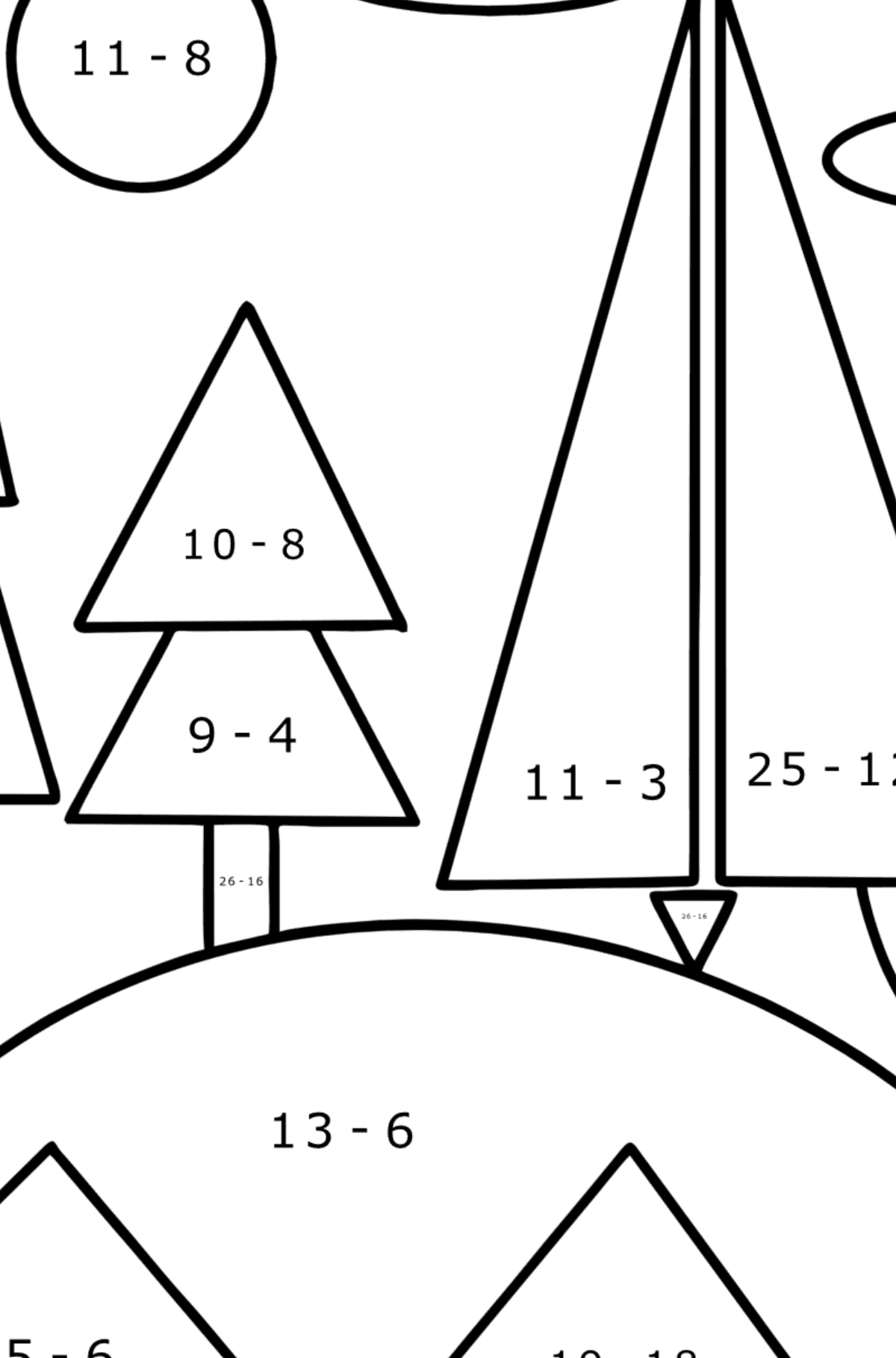 Ausmalbild Wald auf einem Hügel mit geometrischen Formen - Mathe Ausmalbilder - Subtraktion für Kinder
