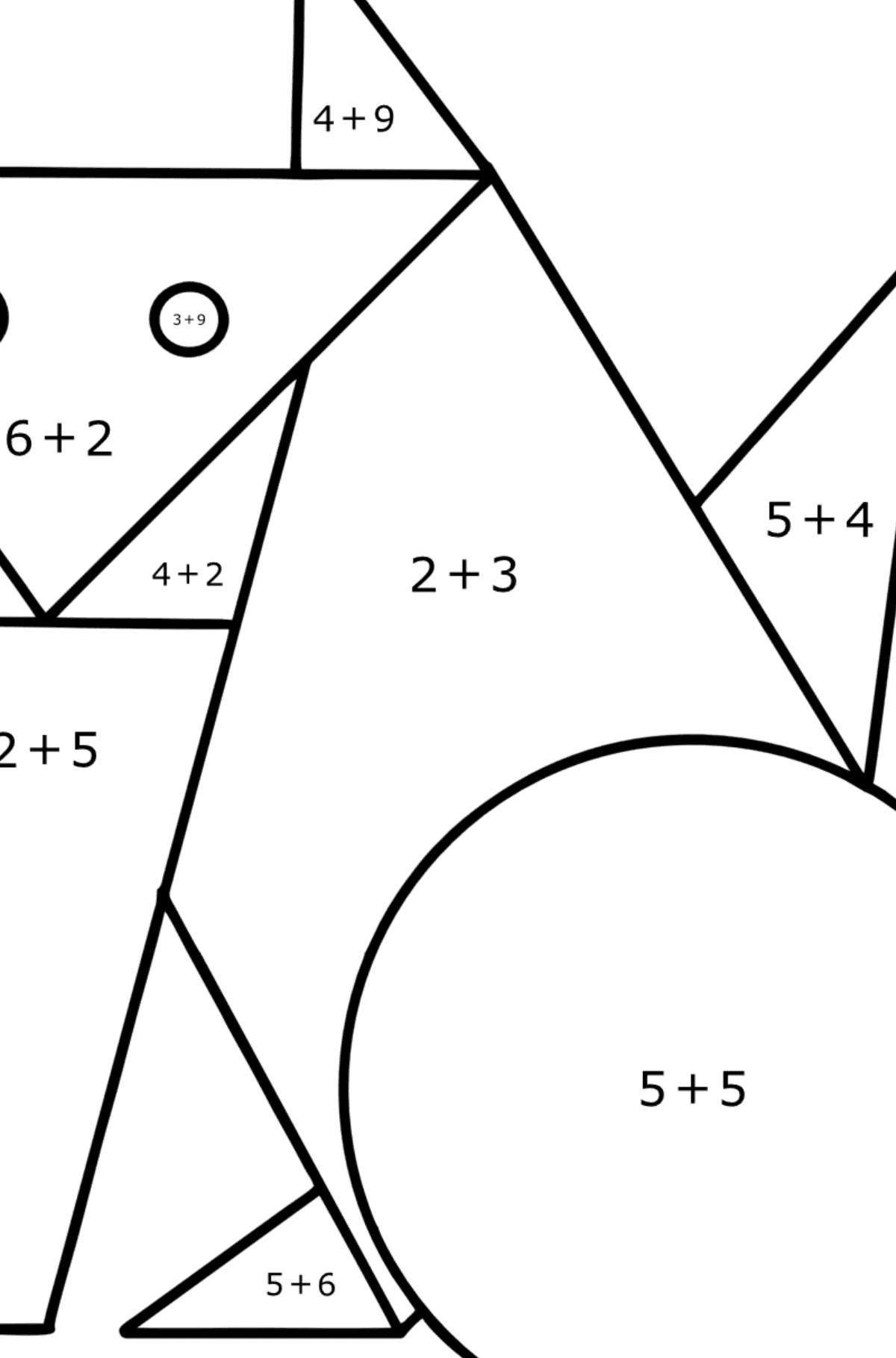 Ausmalbild Geometrisches Kätzchen - Mathe Ausmalbilder - Addition für Kinder