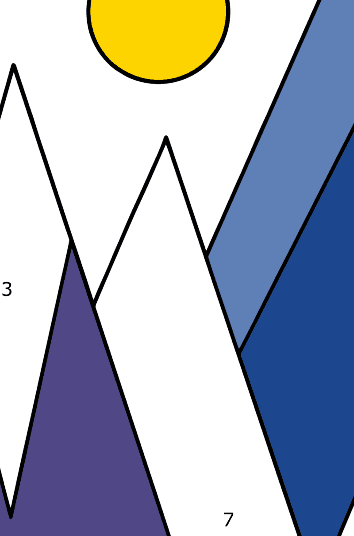 Ausmalbild Berglandschaft mit geometrischen Formen - Malen nach Zahlen für Kinder