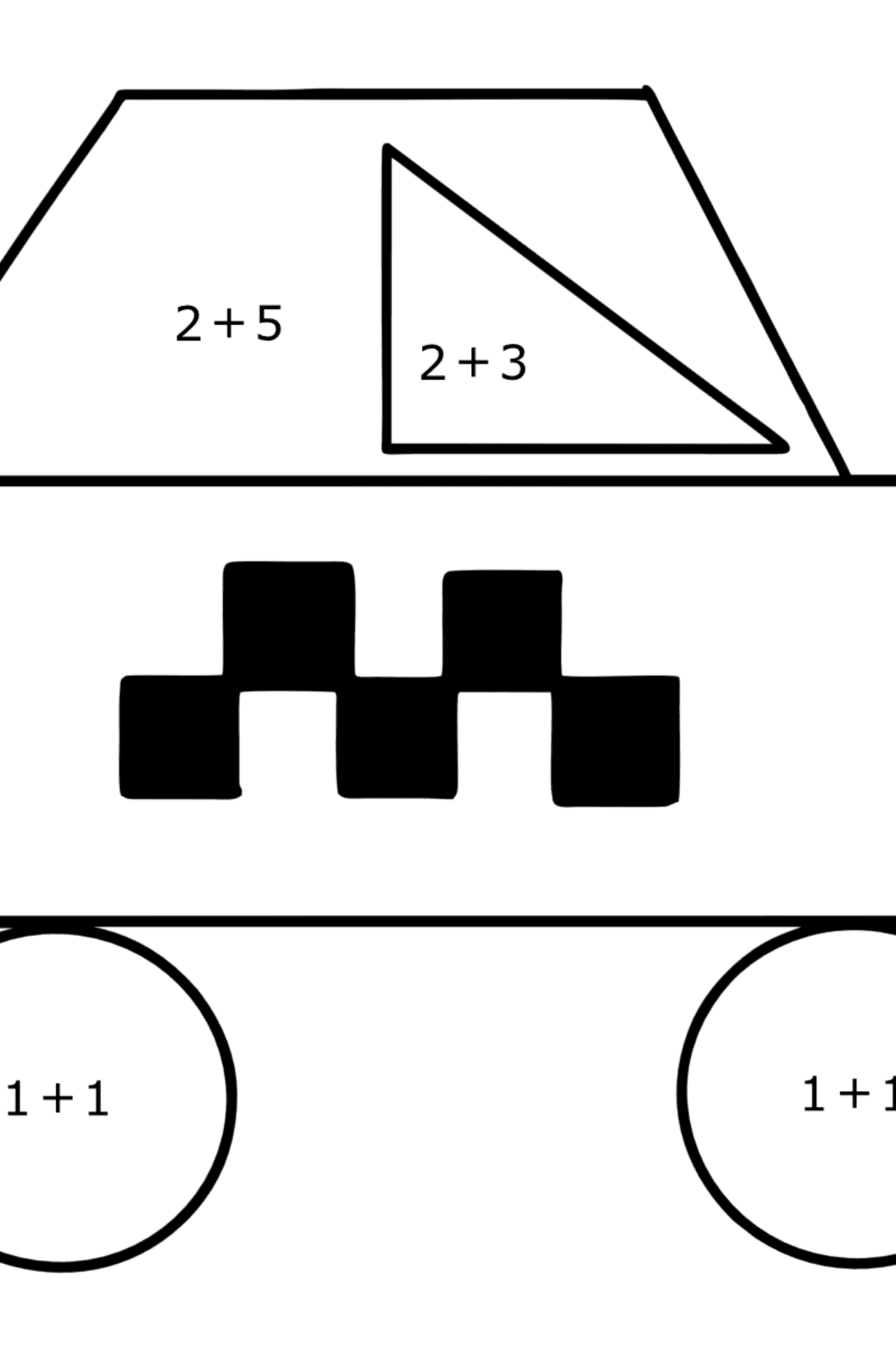 Ausmalbild Geometrisches Taxi - Mathe Ausmalbilder - Addition für Kinder