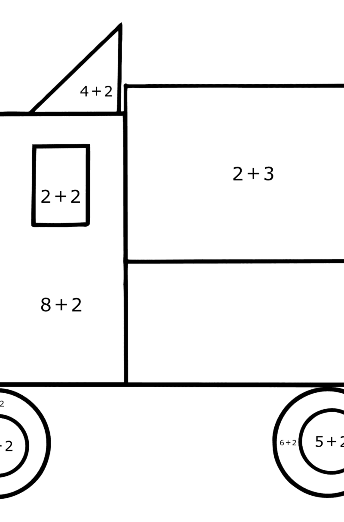 Omalovánka geometrické tvary - stroj - Matematická Omalovánka - Sčítání pro děti
