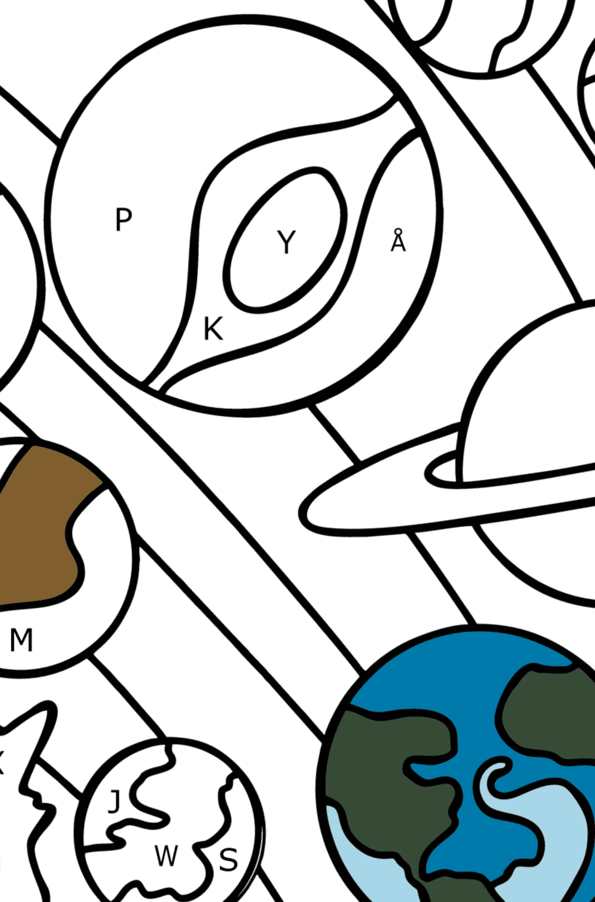 Värityskuva aurinkokunta (vaikea) - Väritys Kirjaimien mukaan lapsille