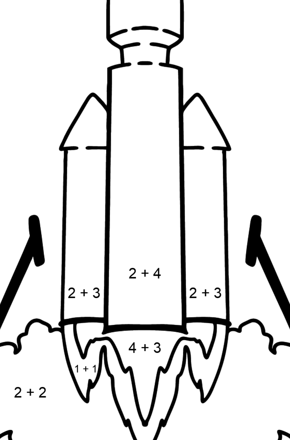 Ausmalbild Raketenstart - Mathe Ausmalbilder - Addition für Kinder