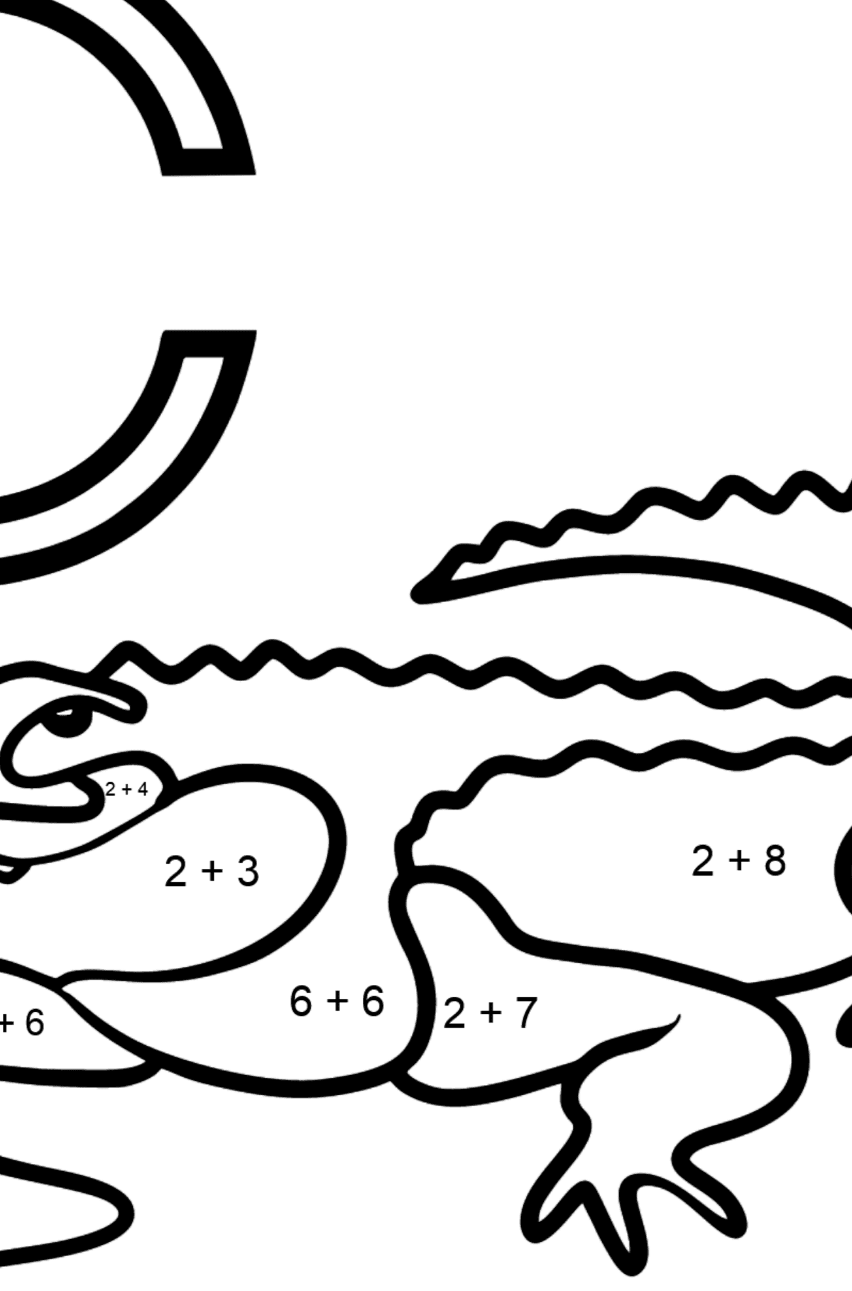 Dibujo de Letra C Español para colorear - COCODRILO - Colorear con Matemáticas - Sumas para Niños