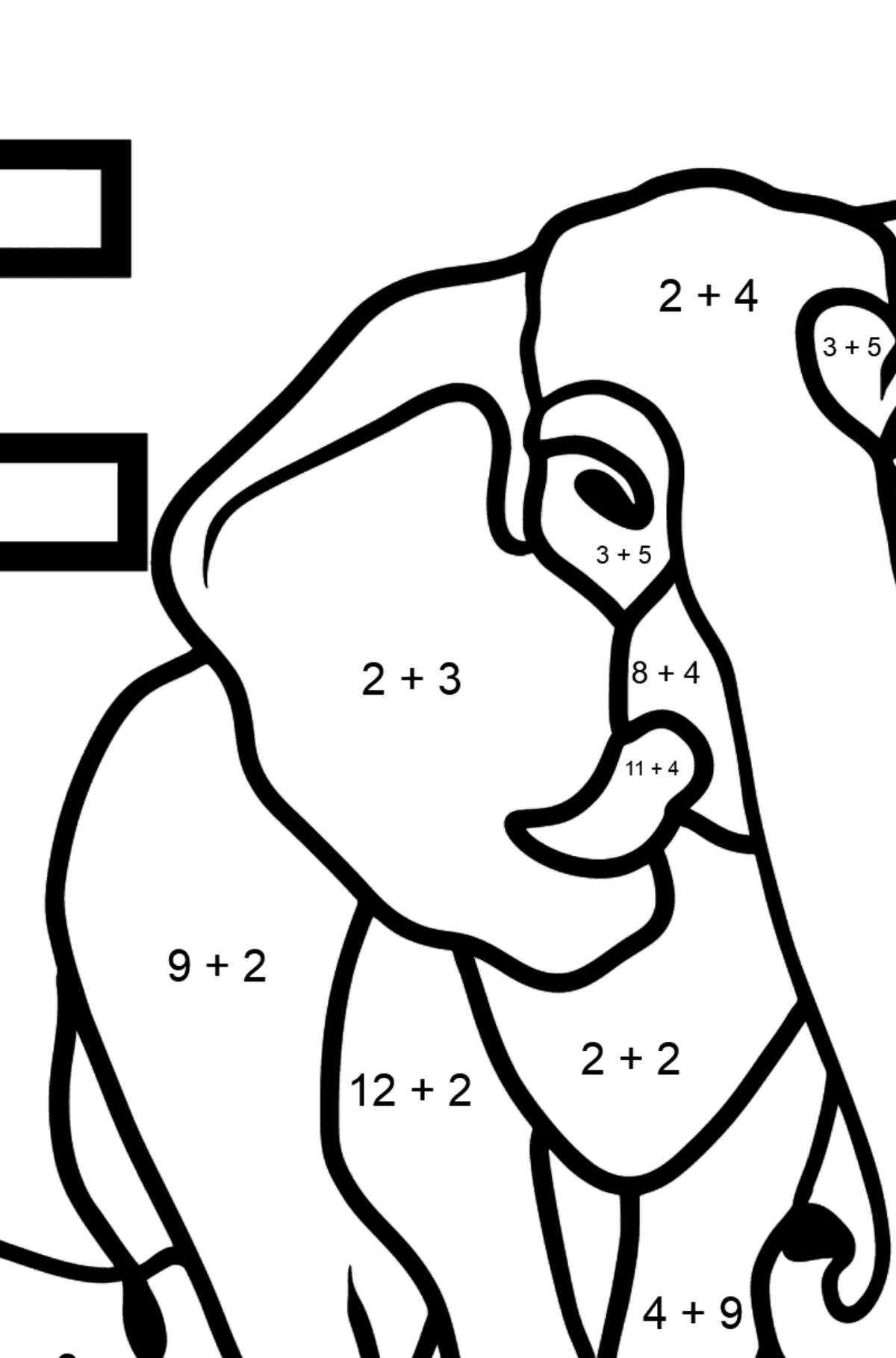 Spanish Letter E coloring pages - ELEFANTE - Math Coloring - Addition for Kids
