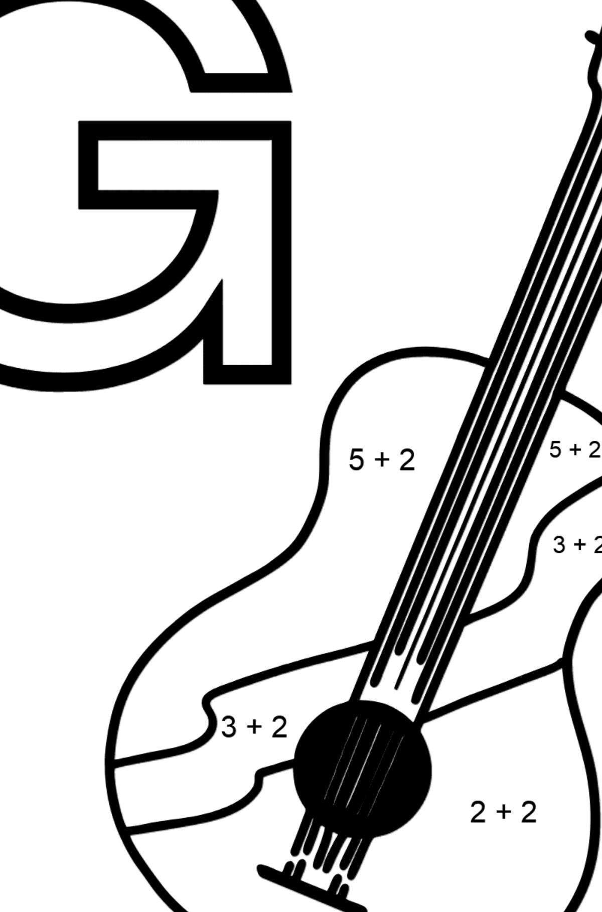 Spanish Letter G coloring pages - GUITARRA - Math Coloring - Addition for Kids