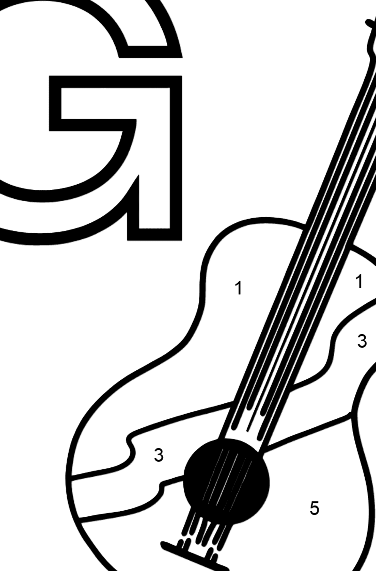 Spanish Letter G coloring pages - GUITARRA - Coloring by Numbers for Kids