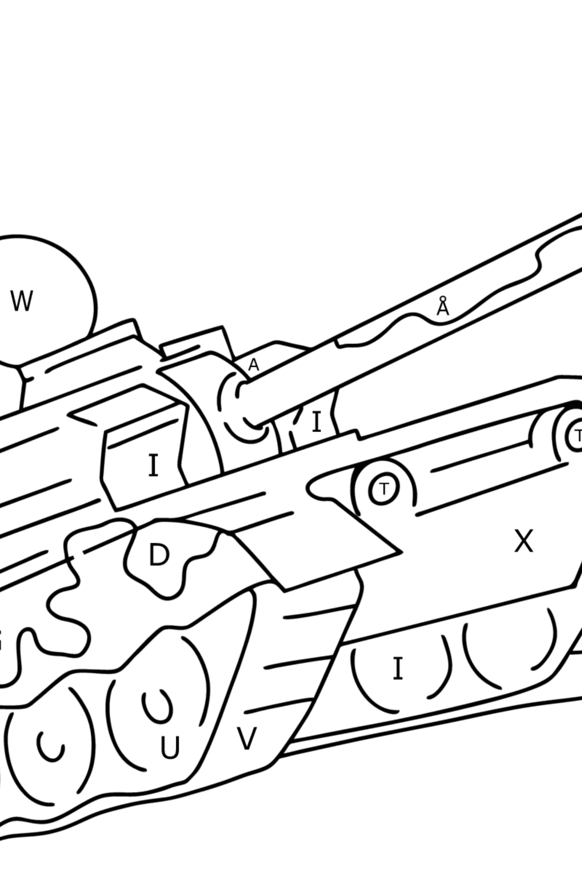 Värityskuva sotilaallinen panssarivaunu - Väritys Kirjaimien mukaan lapsille