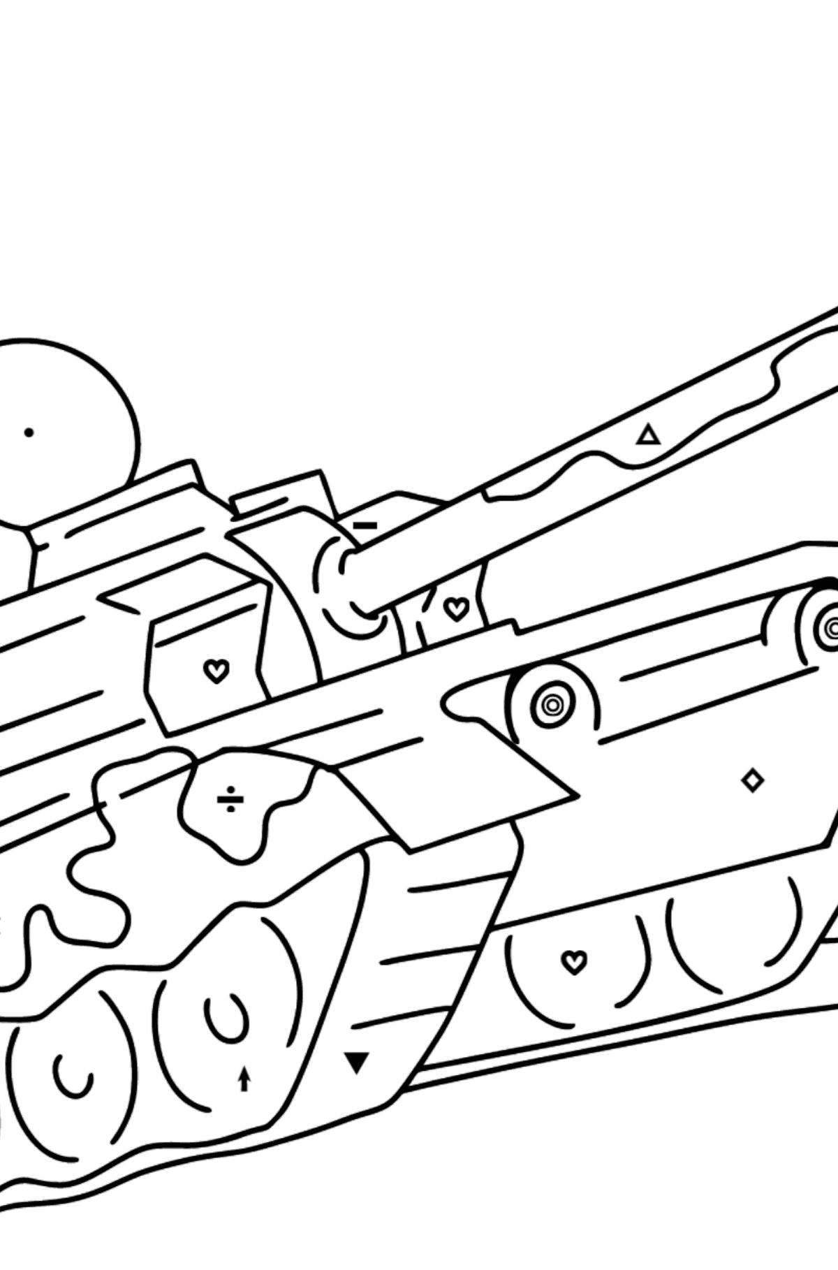 Värityskuva sotilaallinen panssarivaunu - Väritys Symbolien ja Geometristen Kuvioiden mukaan lapsille