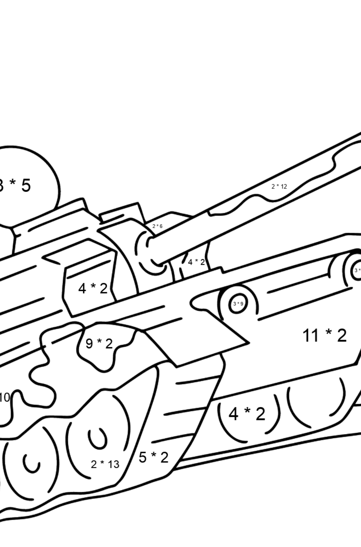 Värityskuva sotilaallinen panssarivaunu - Matemaattinen Värityskirja - Kertolasku lapsille