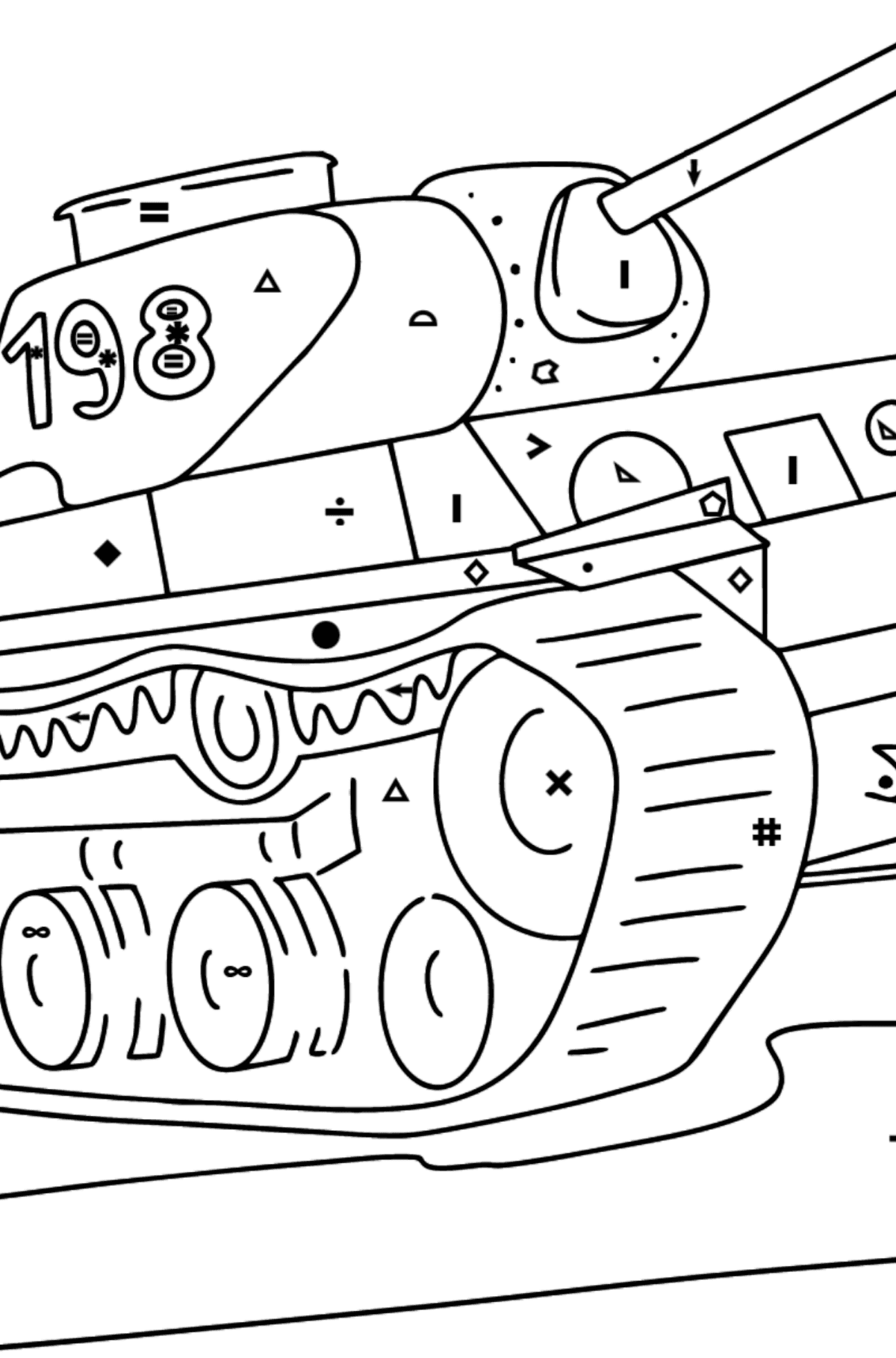 Värityskuva tankki KV-1 - Väritys Symbolien ja Geometristen Kuvioiden mukaan lapsille
