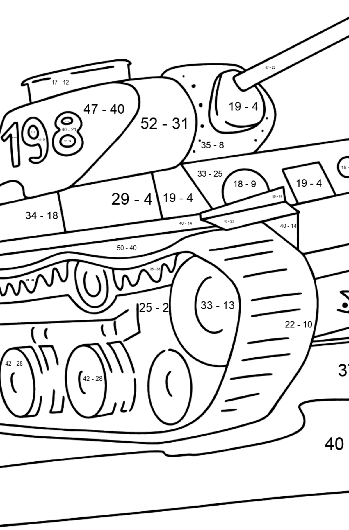 Desenho para colorir de tanque KV 1 - Colorindo com Matemática - Subtração para Crianças