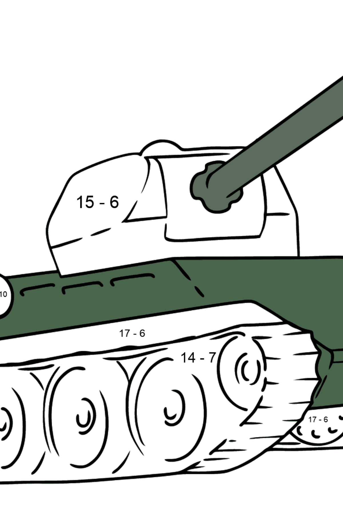 Kleurplaat tank T-34 - Wiskunde kleurplaten - aftrekken voor kinderen