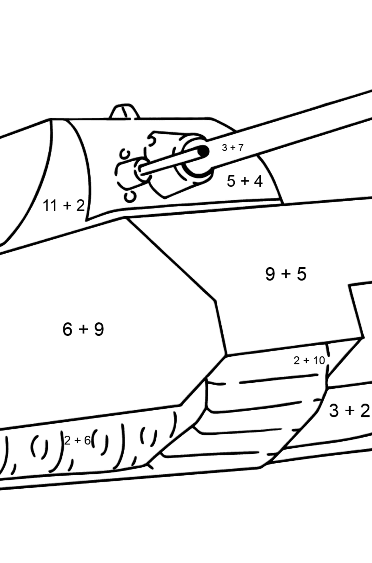 Розмальовка Армійський танк - Математична Розмальовка Додавання для дітей