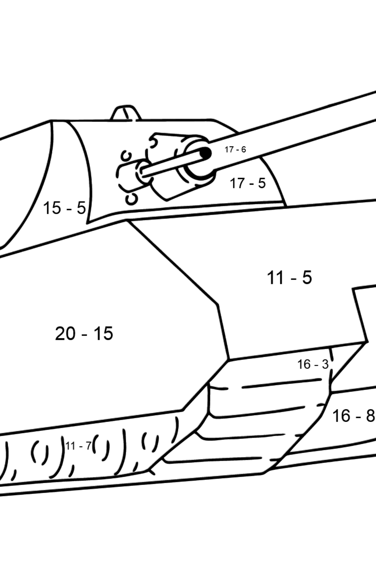 Розмальовка Армійський танк - Математична Розмальовка Віднімання для дітей