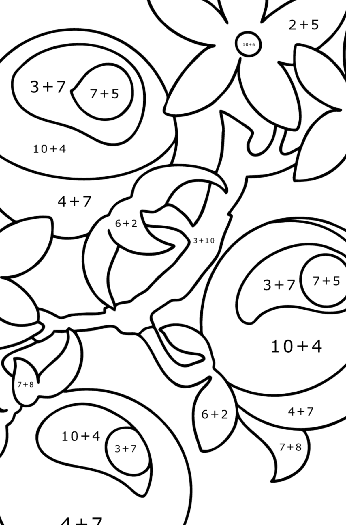 Tomatoes on the Branch сoloring page - Math Coloring - Addition for Kids