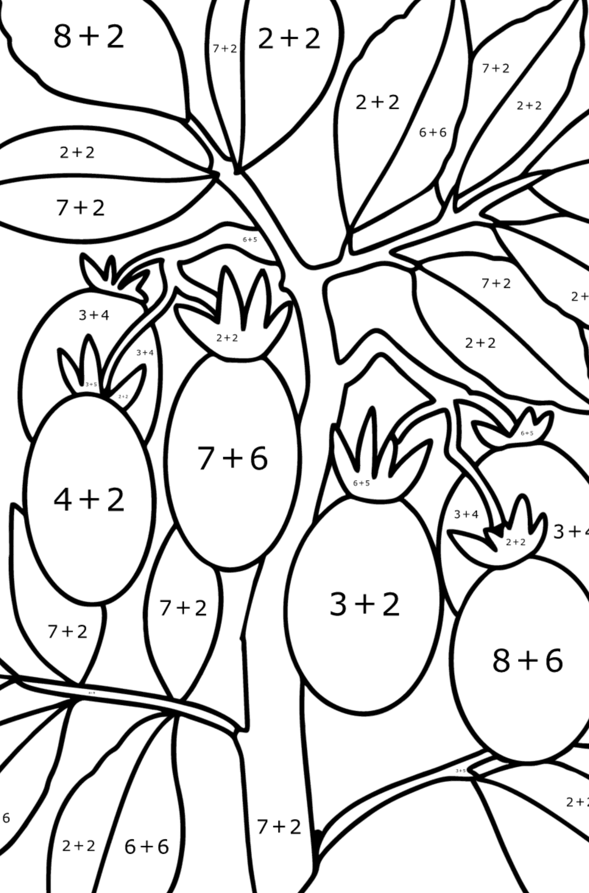 Värityskuva Tomaatit kasvavat - Matemaattinen Väritys - Yhteenlasku lapsille