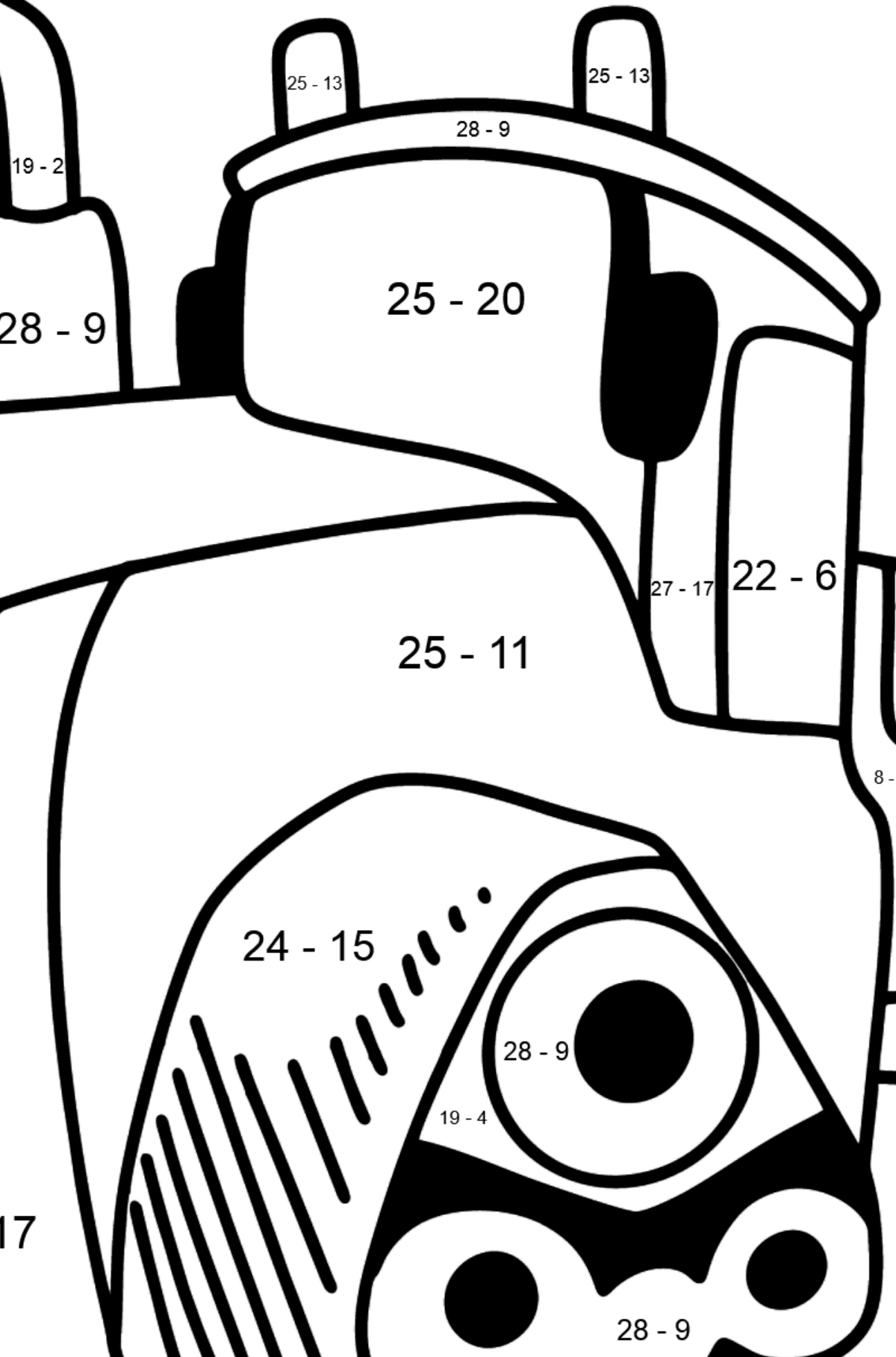 Ausmalbild John Deere 9620RX Raupentraktor - Mathe Ausmalbilder - Subtraktion für Kinder