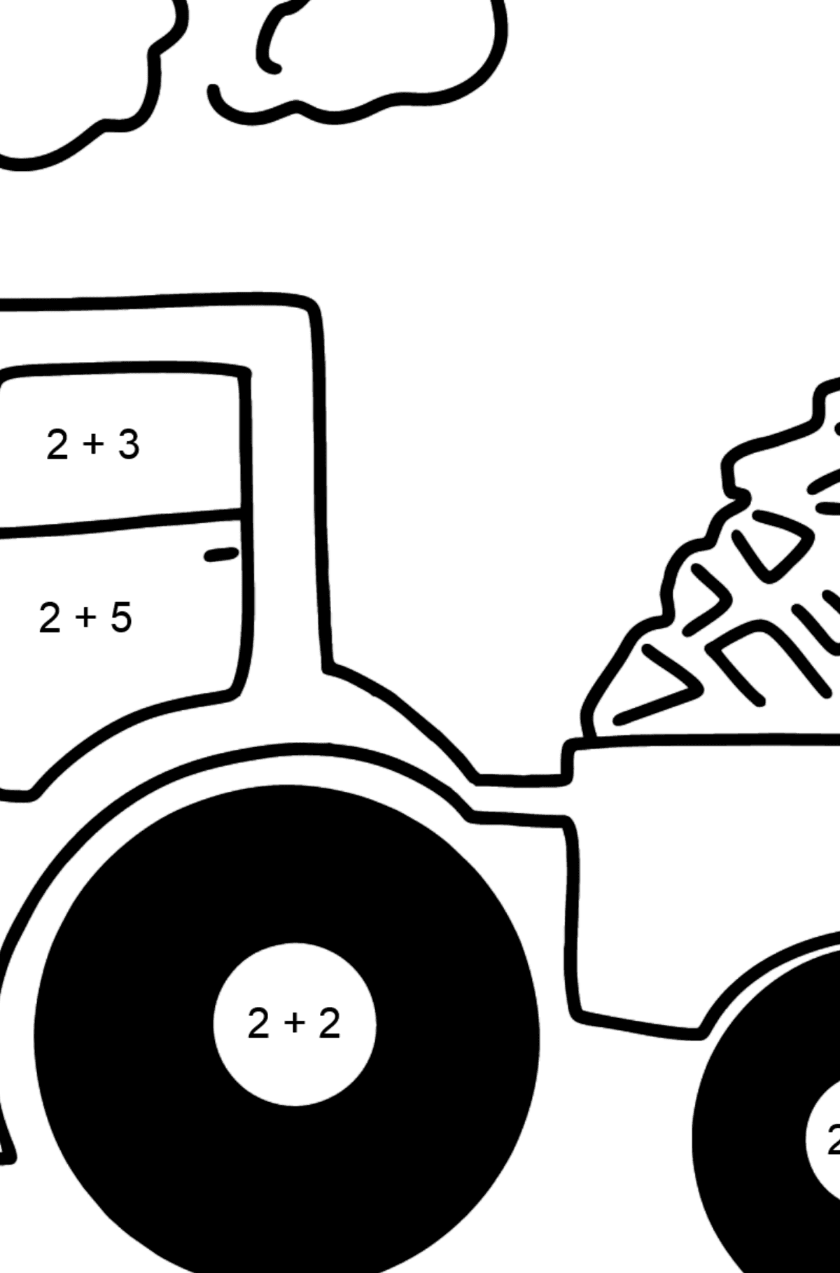 Ausmalbild Traktor mit Brennholz - Mathe Ausmalbilder - Addition für Kinder