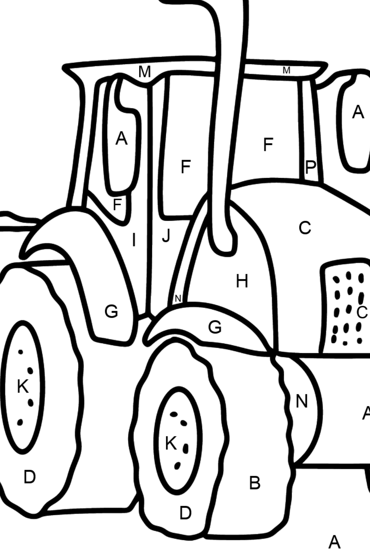 Ausmalbild Traktor im Feld - Ausmalen nach Buchstaben für Kinder