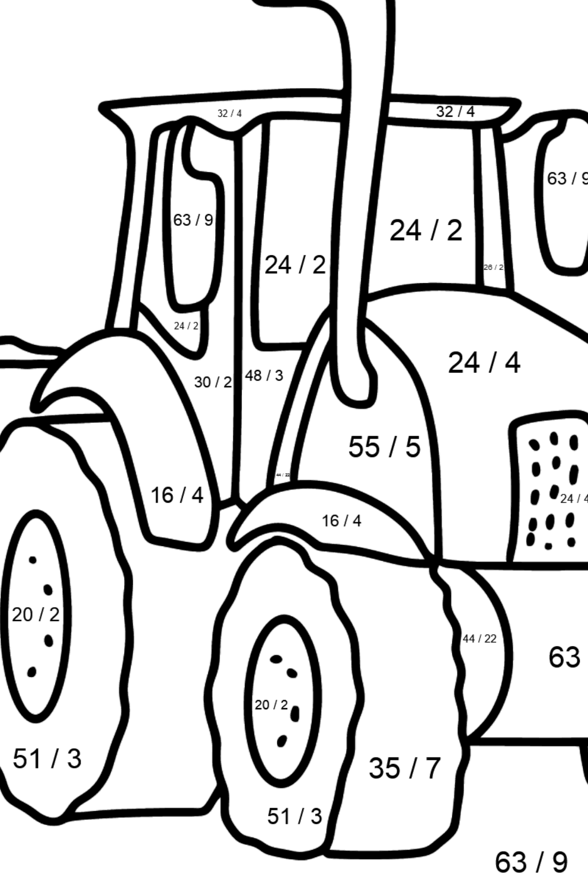 Desenho para colorir Tractor in the Field - Colorindo com Matemática - Divisão para Crianças