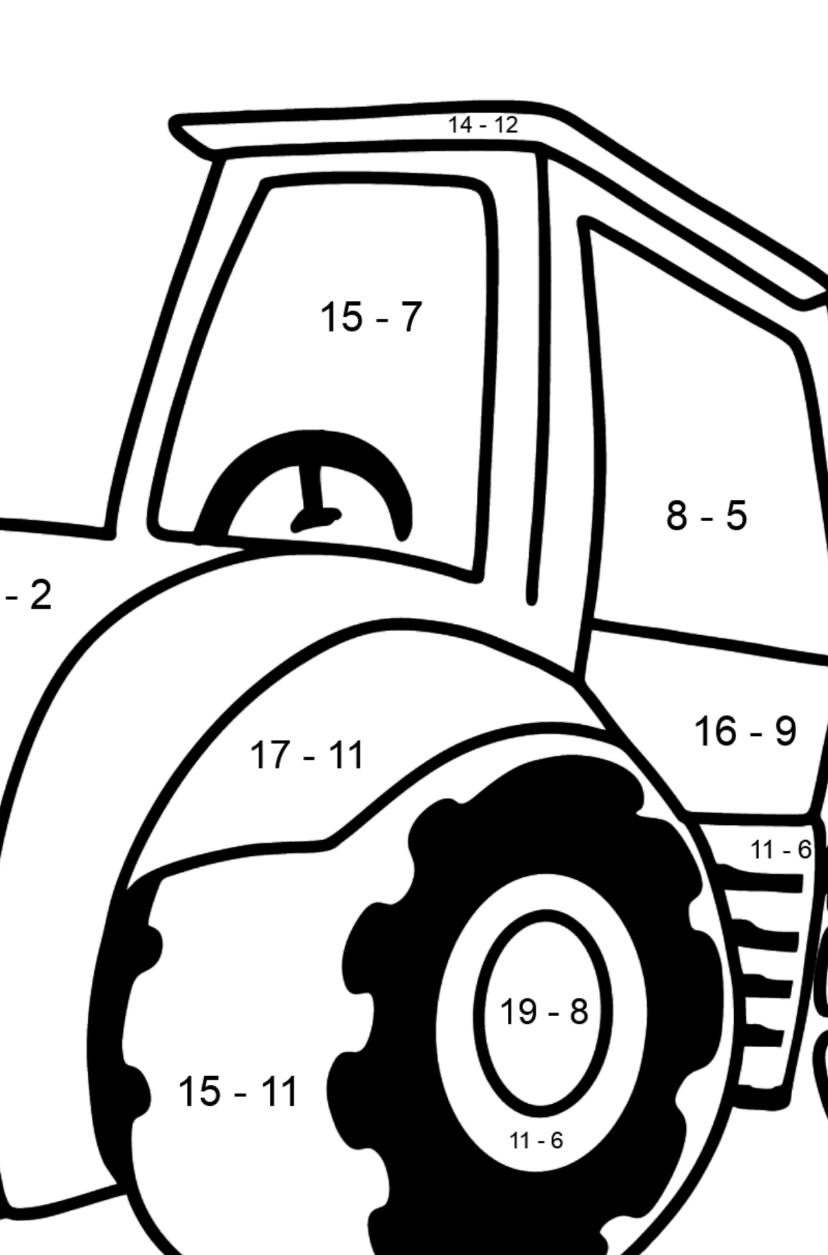 Ausmalbild Traktor - Mathe Ausmalbilder - Subtraktion für Kinder