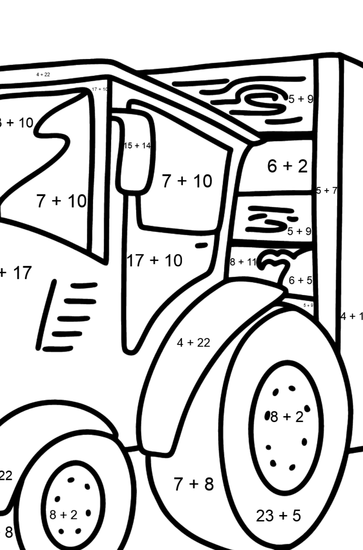 Desenho para colorir Tractor with Pig Trailer - Colorindo com Matemática - Soma para Crianças