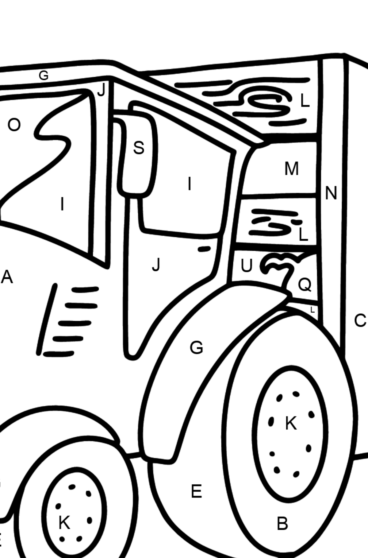 Ausmalbild Traktor mit Schweineanhänger - Ausmalen nach Buchstaben für Kinder