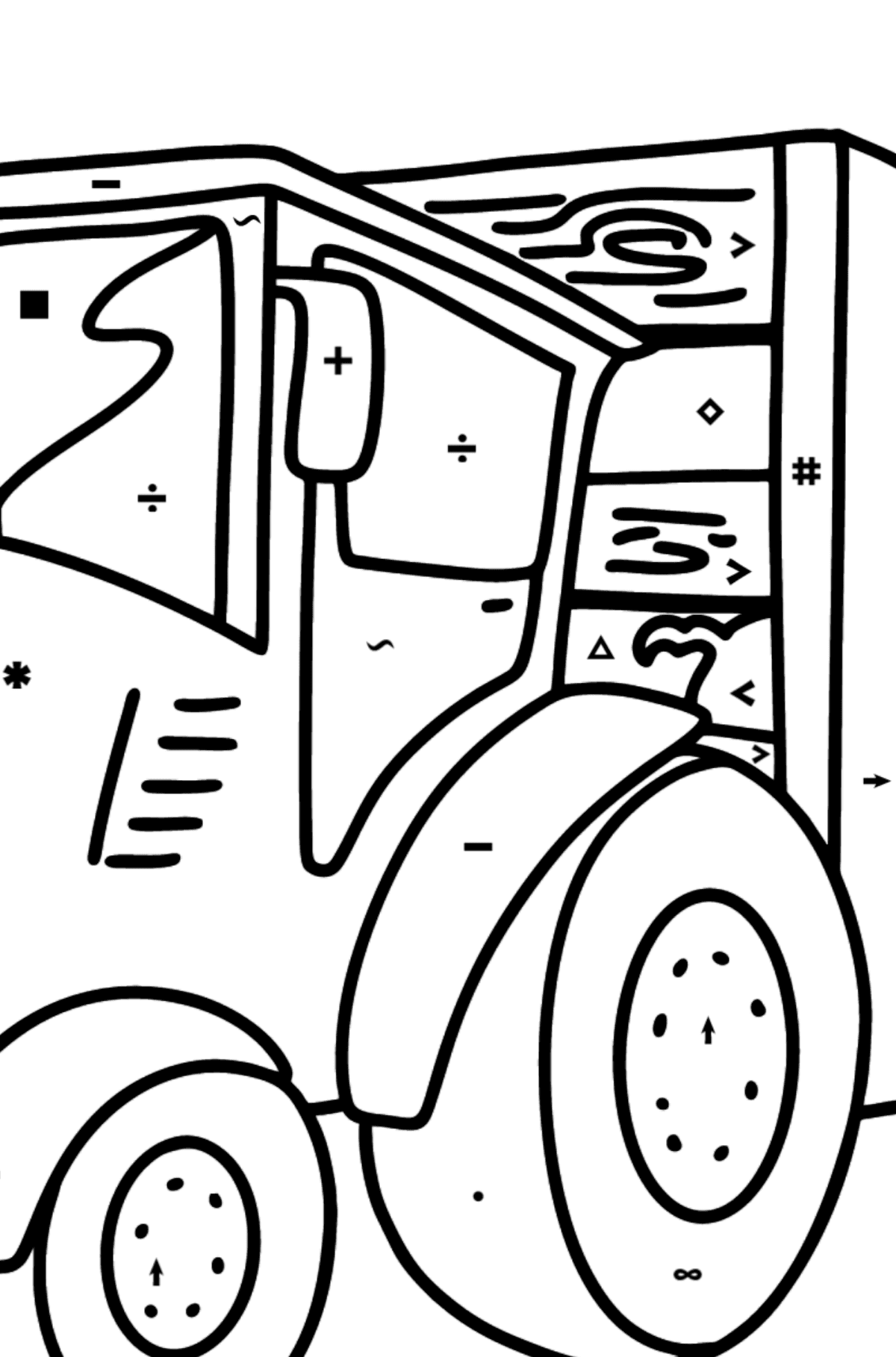 Coloriage - Tracteur avec remorque de cochon - Coloriage par Symboles pour les Enfants