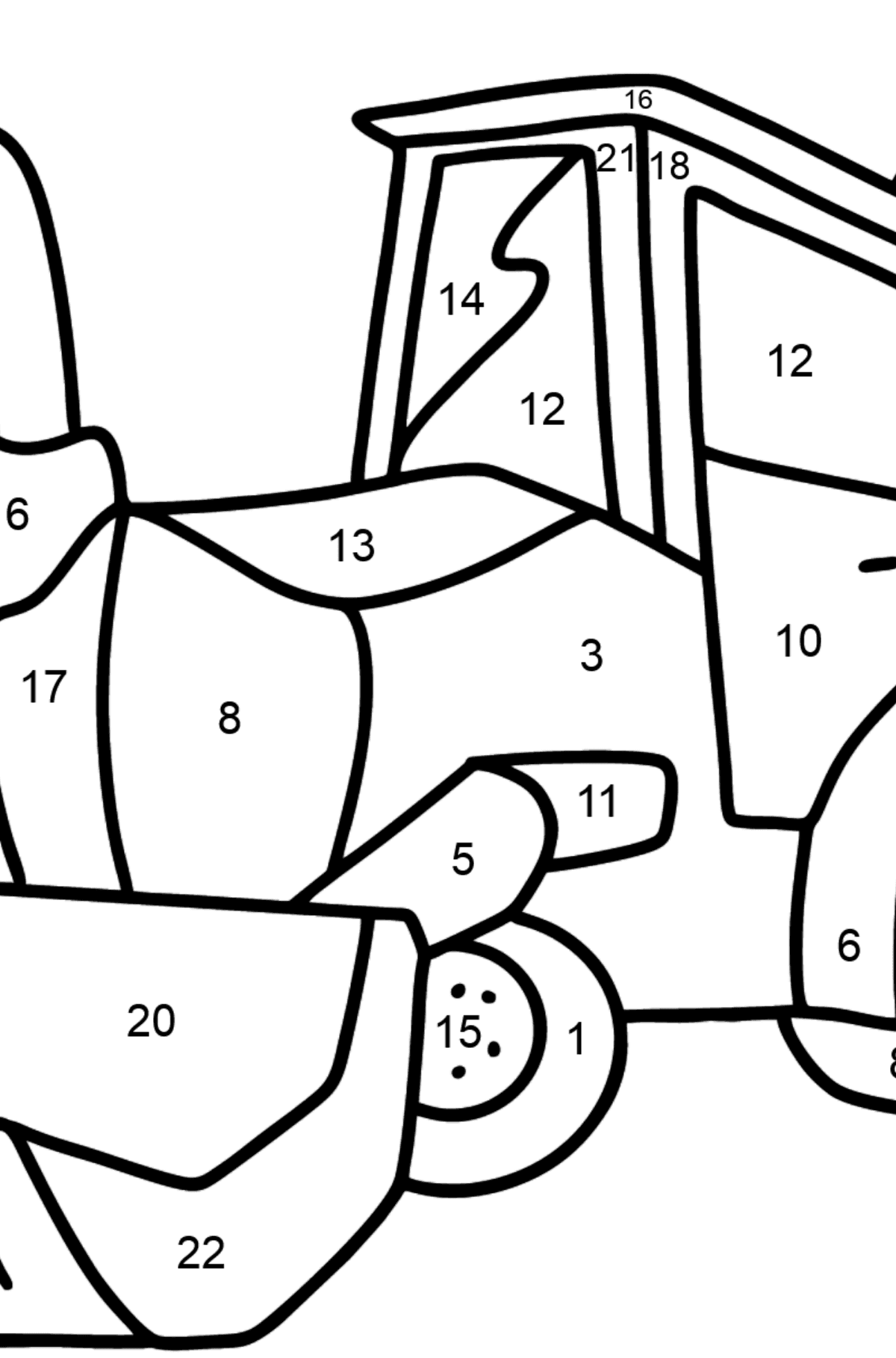 Ausmalbild Traktor mit zwei Schaufeln - Malen nach Zahlen für Kinder
