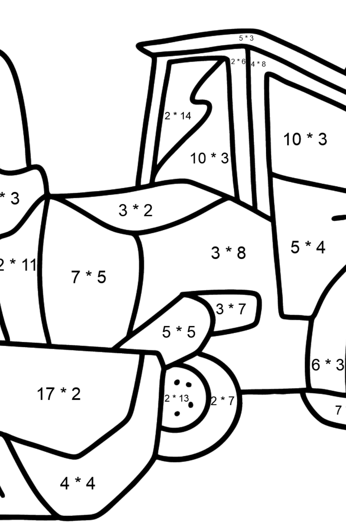 Ausmalbild Traktor mit zwei Schaufeln - Mathe Ausmalbilder - Multiplikation für Kinder