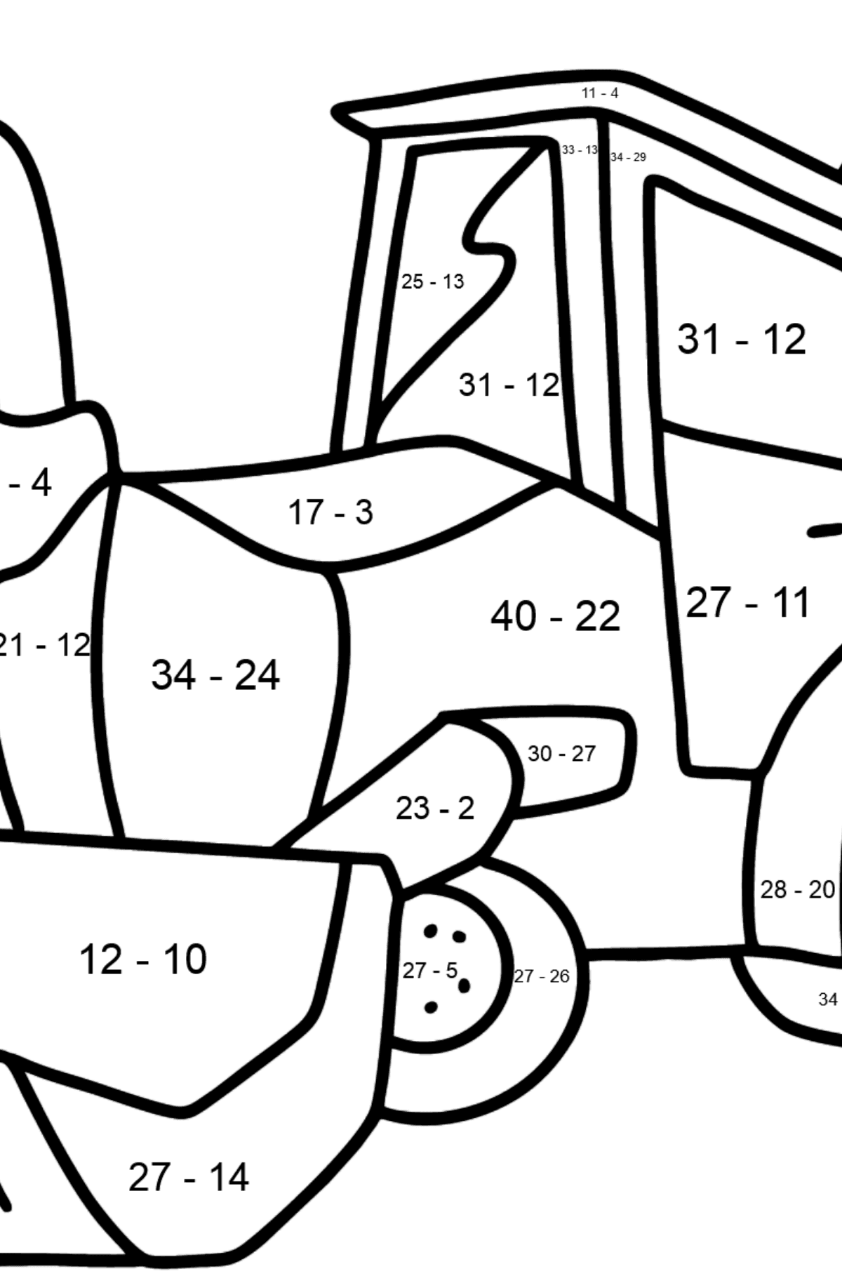 Ausmalbild Traktor mit zwei Schaufeln - Mathe Ausmalbilder - Subtraktion für Kinder