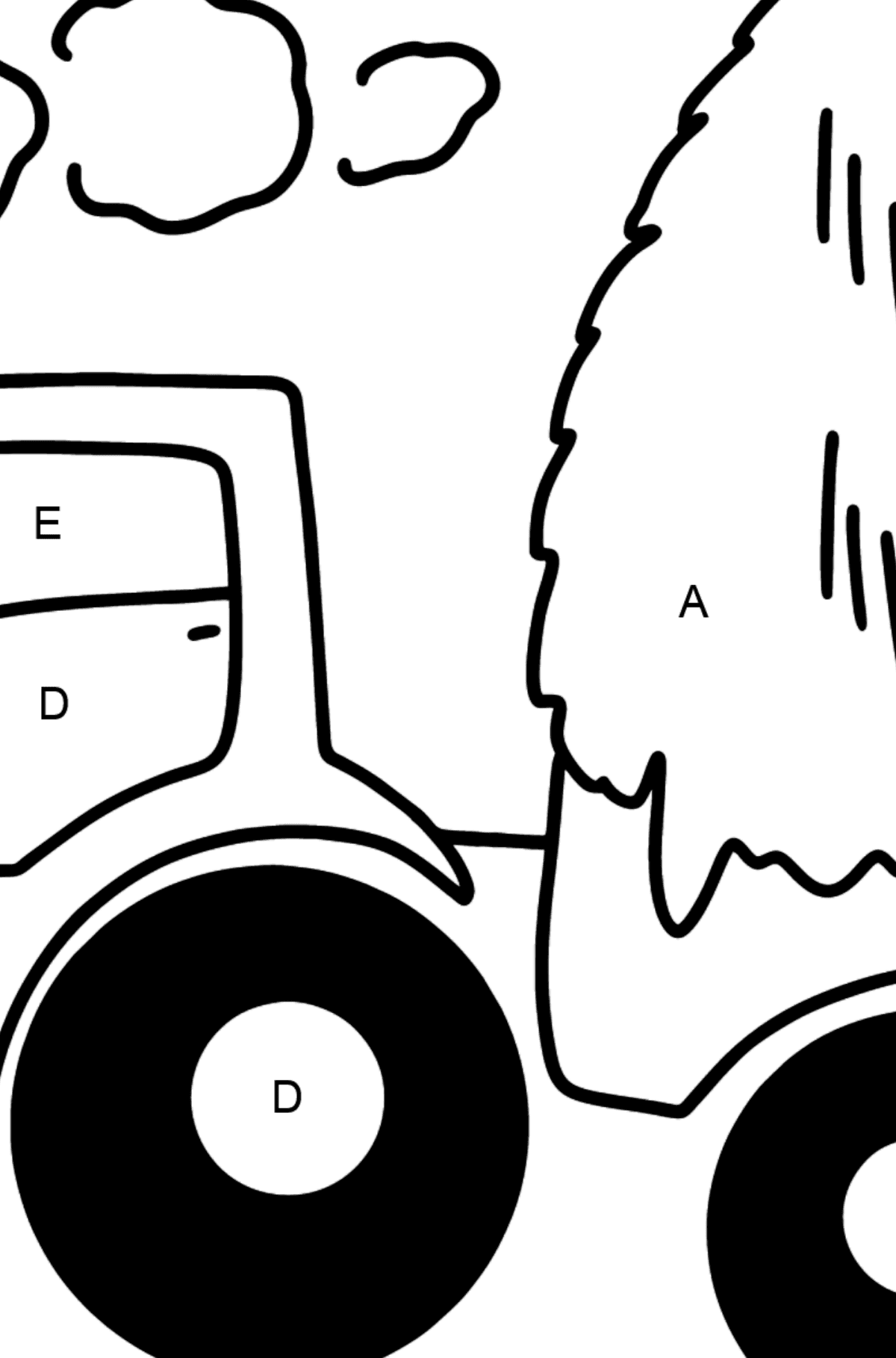 Coloriage Tracteur avec du foin - Coloriage par Lettres pour les Enfants
