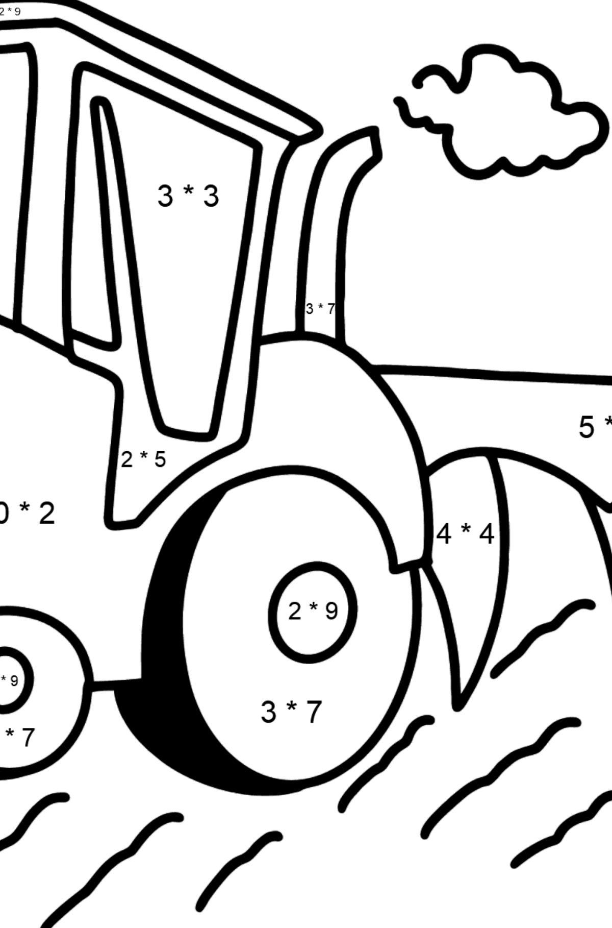 Ausmalbild Traktor mit Pflug - Mathe Ausmalbilder - Multiplikation für Kinder